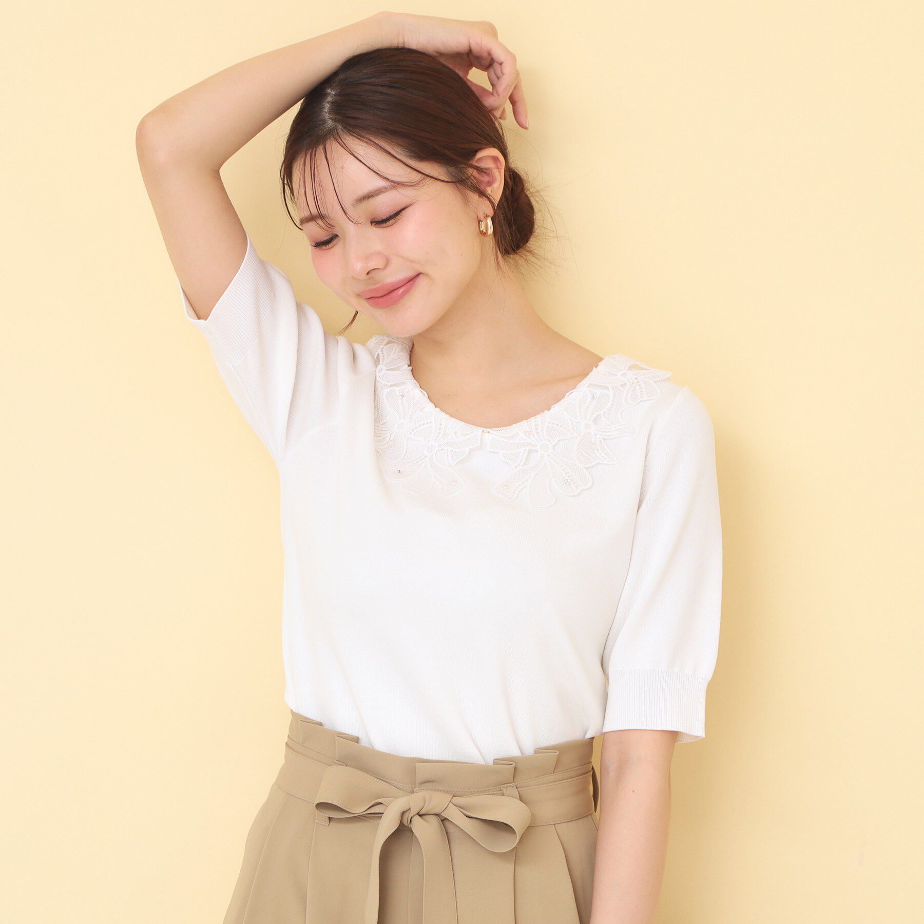 index「リボンレース衿リブニット【洗濯機OK／接触冷感】」|ニット・セーター|オフホワイト(003