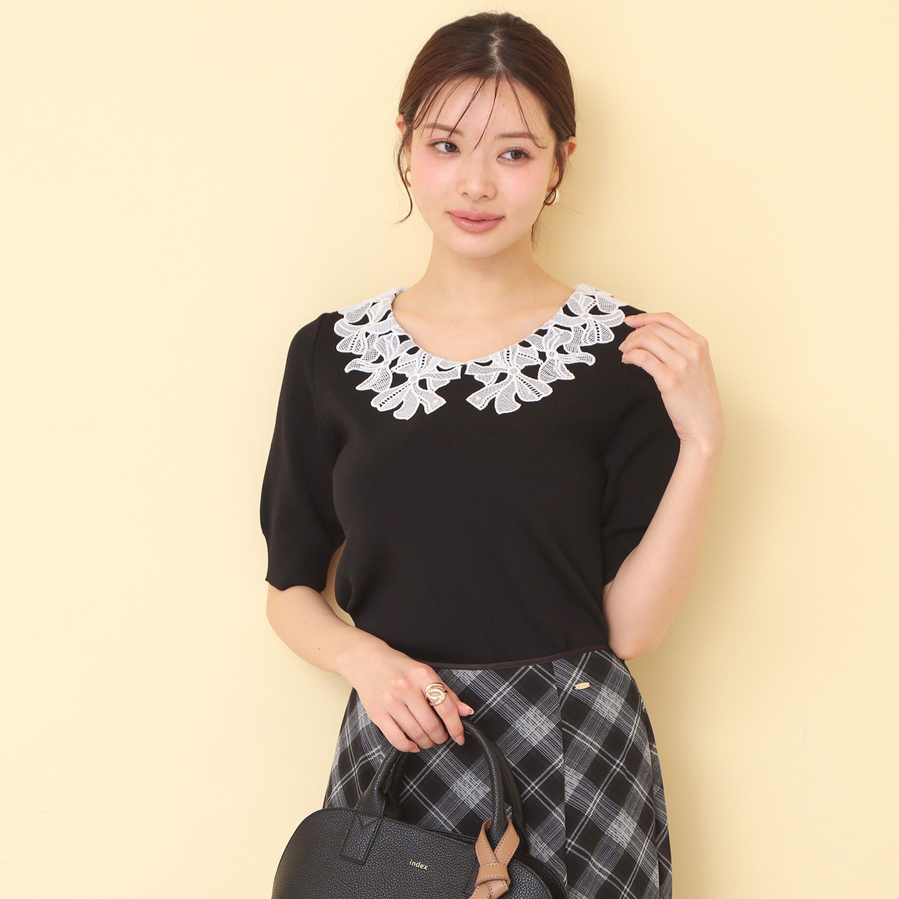 index「リボンレース衿リブニット【洗濯機OK／接触冷感】」|ニット・セーター|ブラック(019)