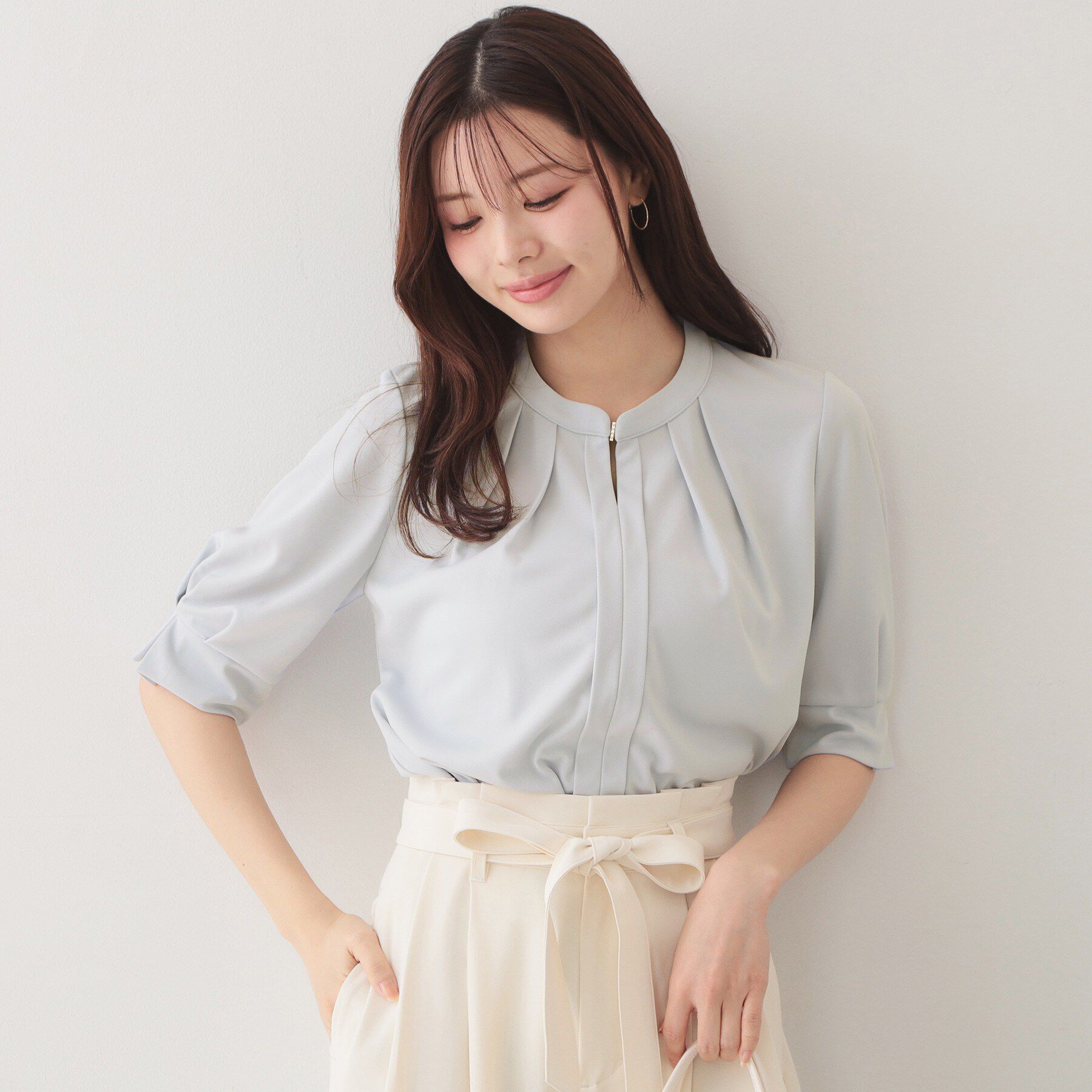 index「アセテートライクバンドカラートップス【洗濯機OK／吸水速乾／接触冷感／UVケア】」|Tシャツ・カットソー|サックスブルー(09