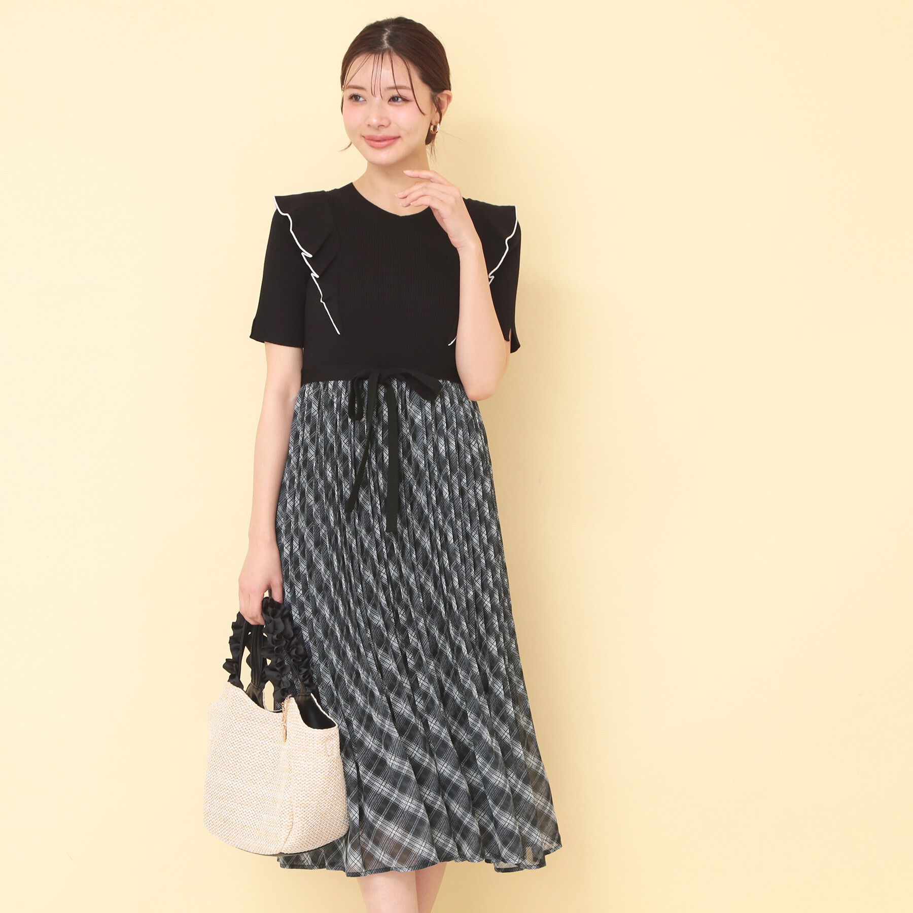 index「チェックプリーツドッキングニットワンピース【洗濯機OK】」|ワンピース|