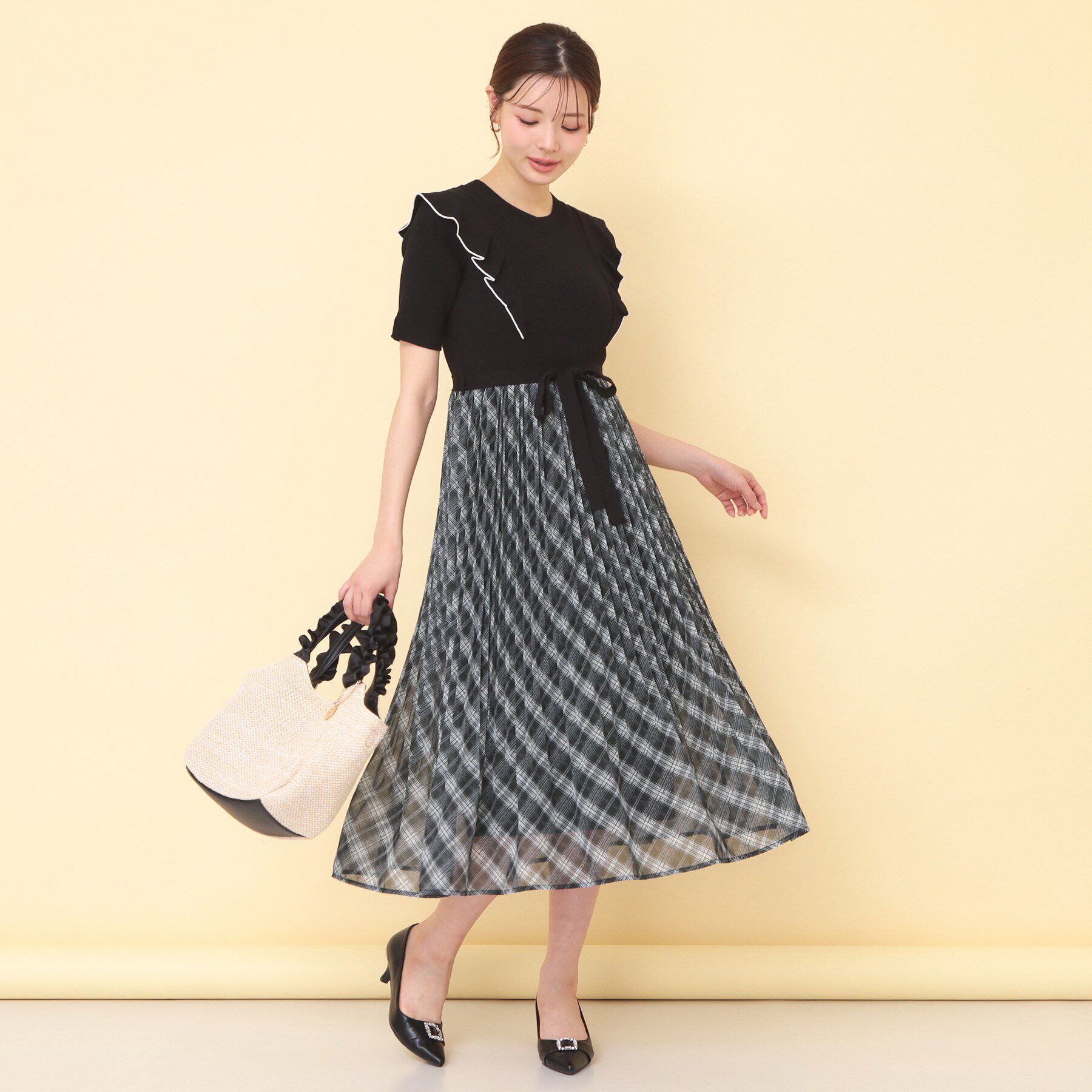 index「チェックプリーツドッキングニットワンピース【洗濯機OK】」|ワンピース|