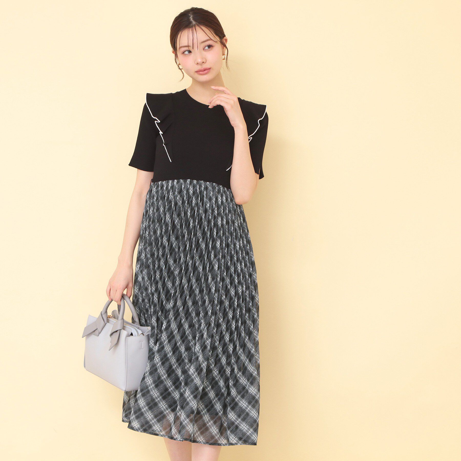 index「チェックプリーツドッキングニットワンピース【洗濯機OK】」|ワンピース|