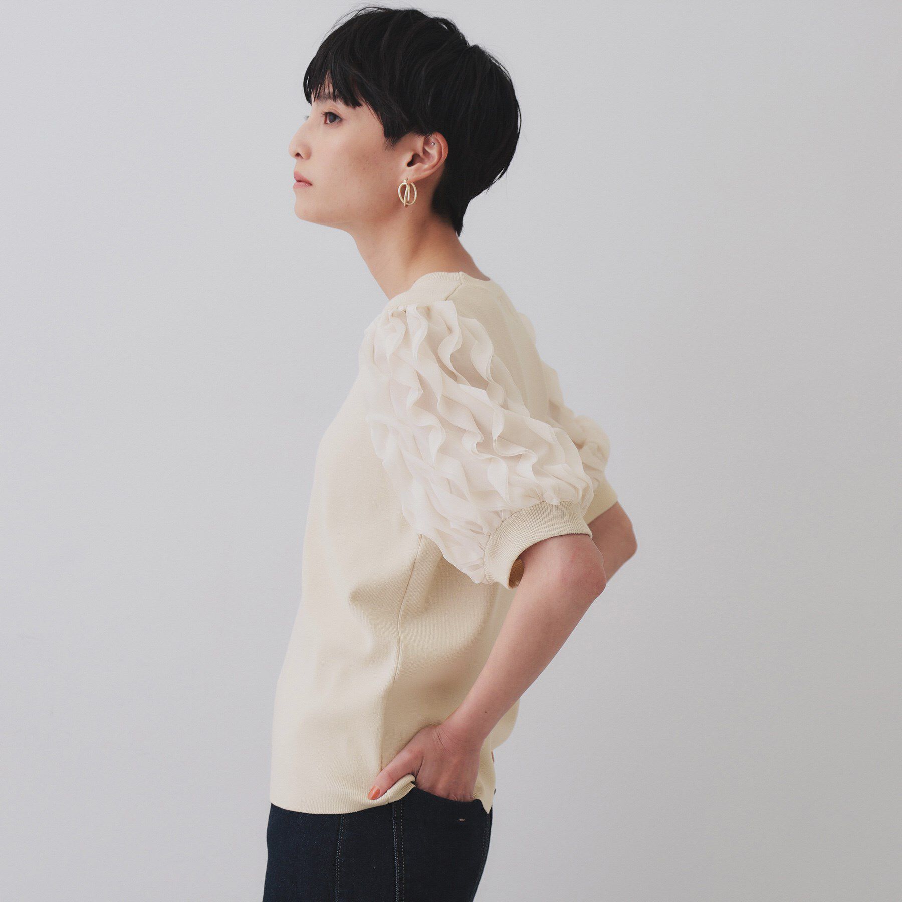 OPAQUE.CLIP「フリルスリーブデザインニット【洗濯機洗い可】」|Tシャツ・カットソー|