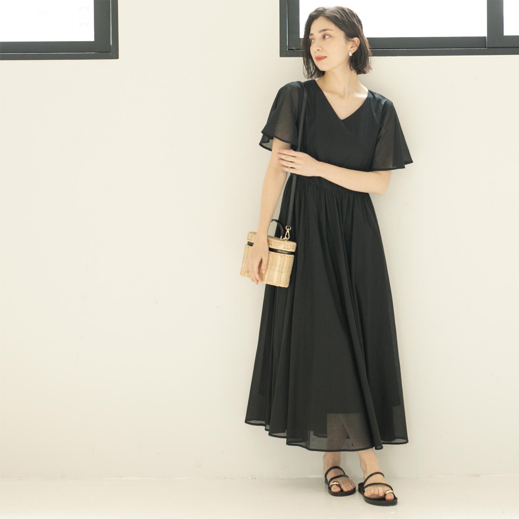 OPAQUE.CLIP「Vネックフィット＆フレアドレス/オーガニックコットン混【洗濯機洗い可】」|ワンピース|