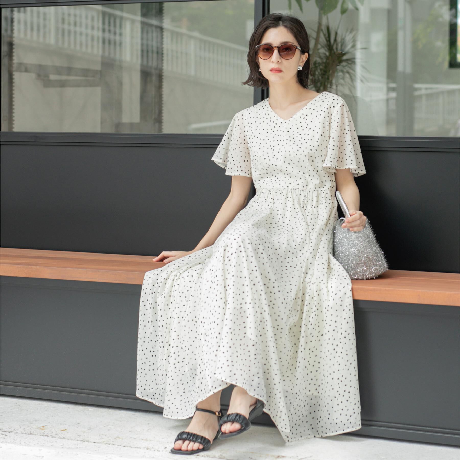 OPAQUE.CLIP「Vネックフィット＆フレアドレス/オーガニックコットン混【洗濯機洗い可】」|ワンピース|