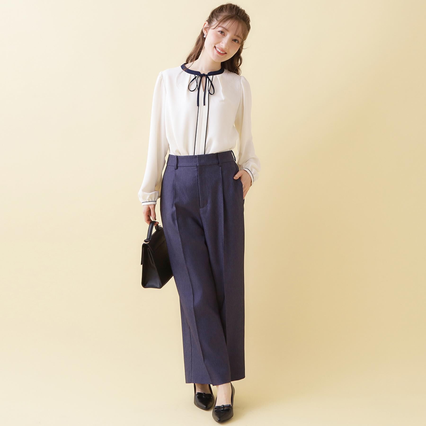 Couture broach「【洗える・ハレの日・通勤】配色 細リボンタイ ブラウス」|シャツ・ブラウス|