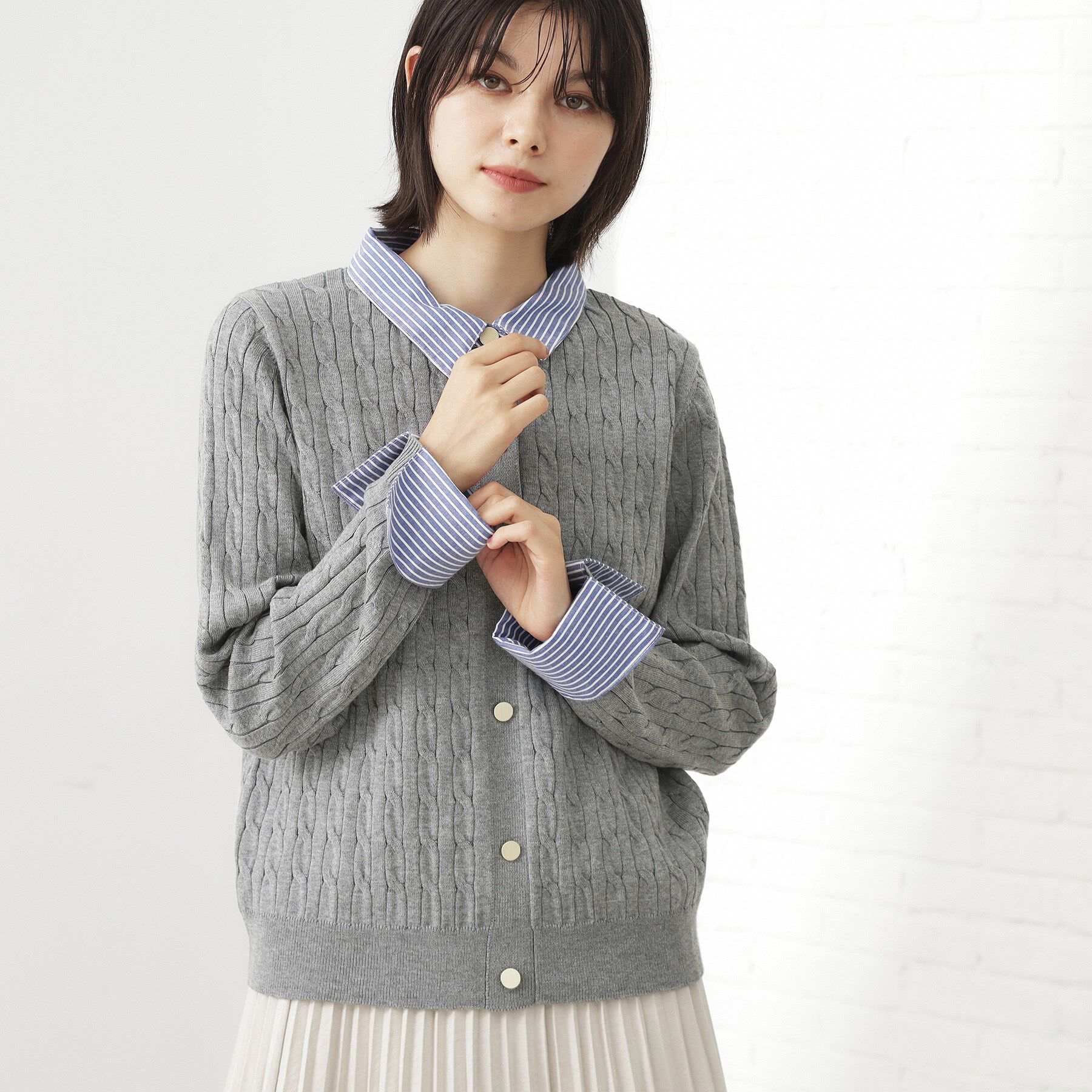 THE SHOP TK「【着るだけでコーデ完成】シャツレイヤード風 ケーブルニット」|ニット・セーター|