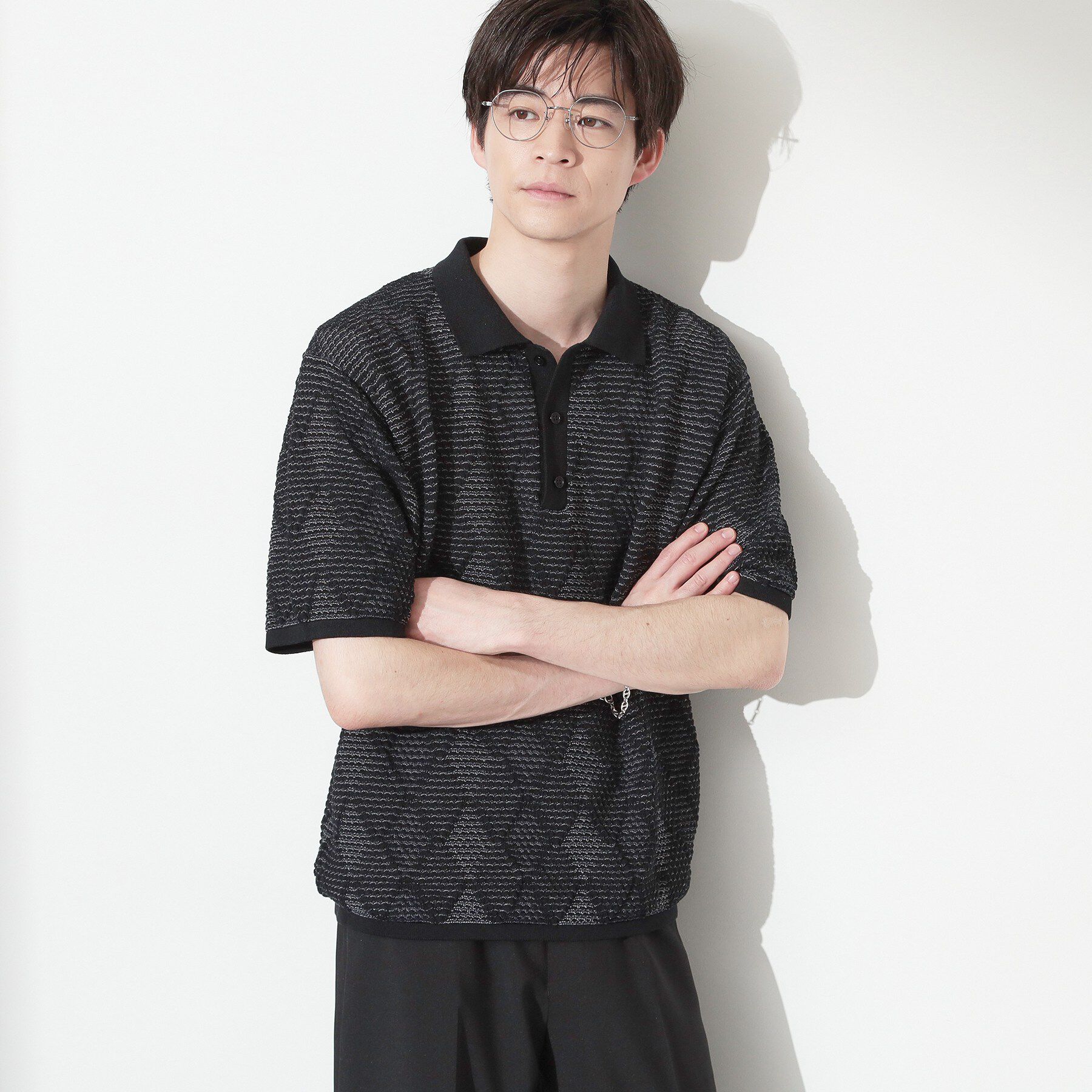 THE SHOP TK「【主張しすぎない配色バランス】アーガイルメッシュポロ半袖Tシャツ 洗濯機OK」|ニット・セーター|ブラック(019)