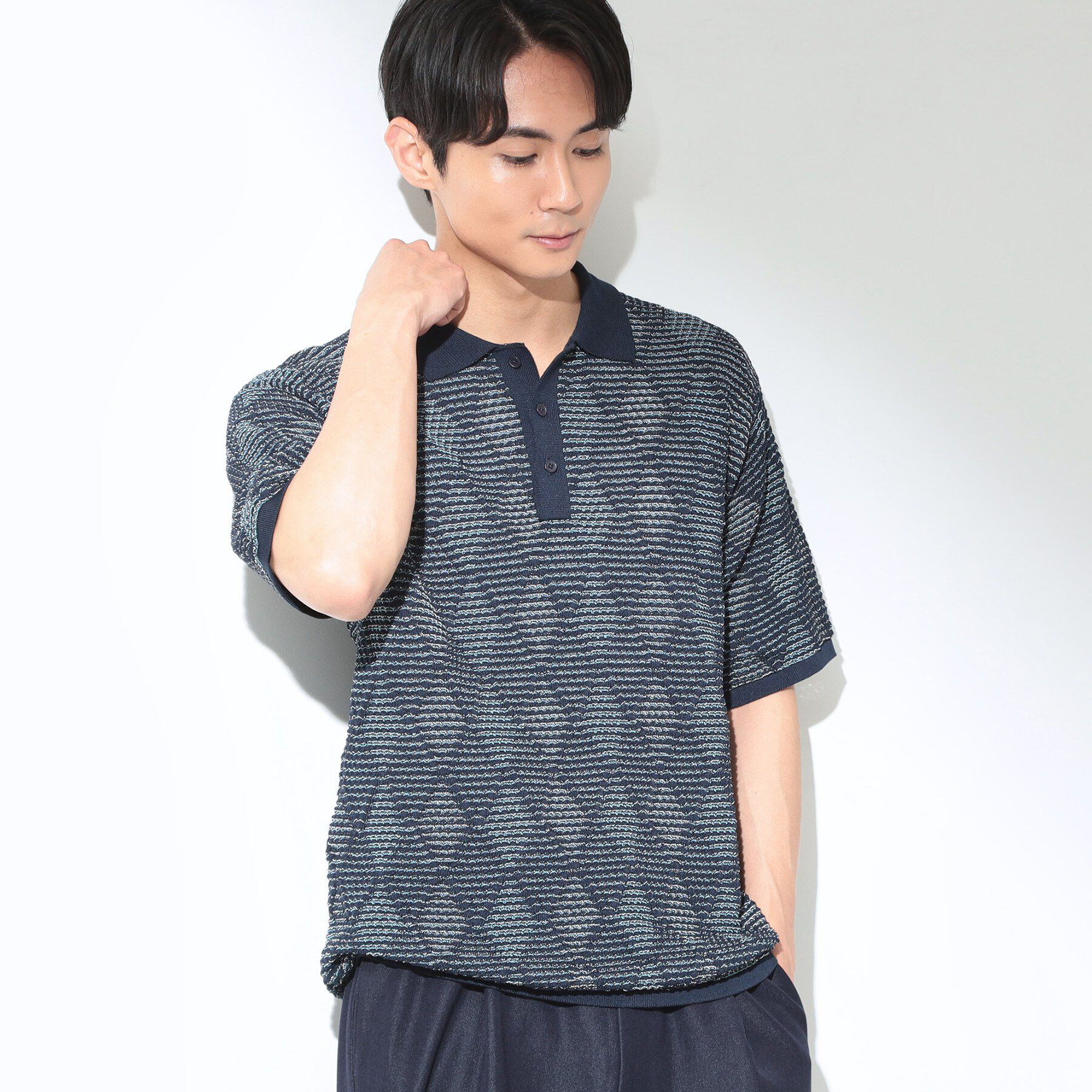 THE SHOP TK「【主張しすぎない配色バランス】アーガイルメッシュポロ半袖Tシャツ 洗濯機OK」|ニット・セーター|ブルー(092)