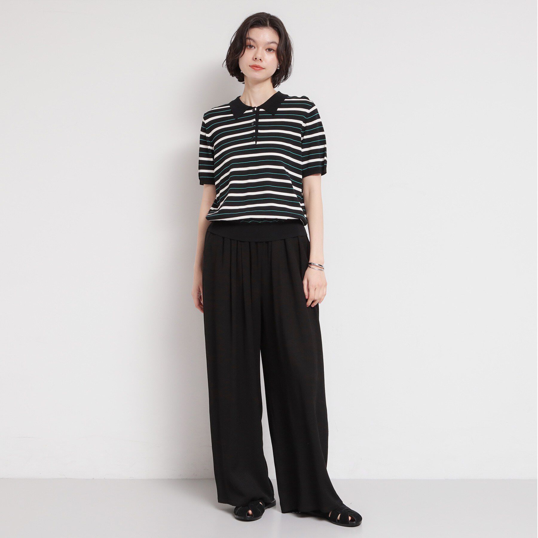 THE SHOP TK「【ひんやり/アンチピリング/UV】1枚で主役になる ボーダーポロニット」|ニット・セーター|