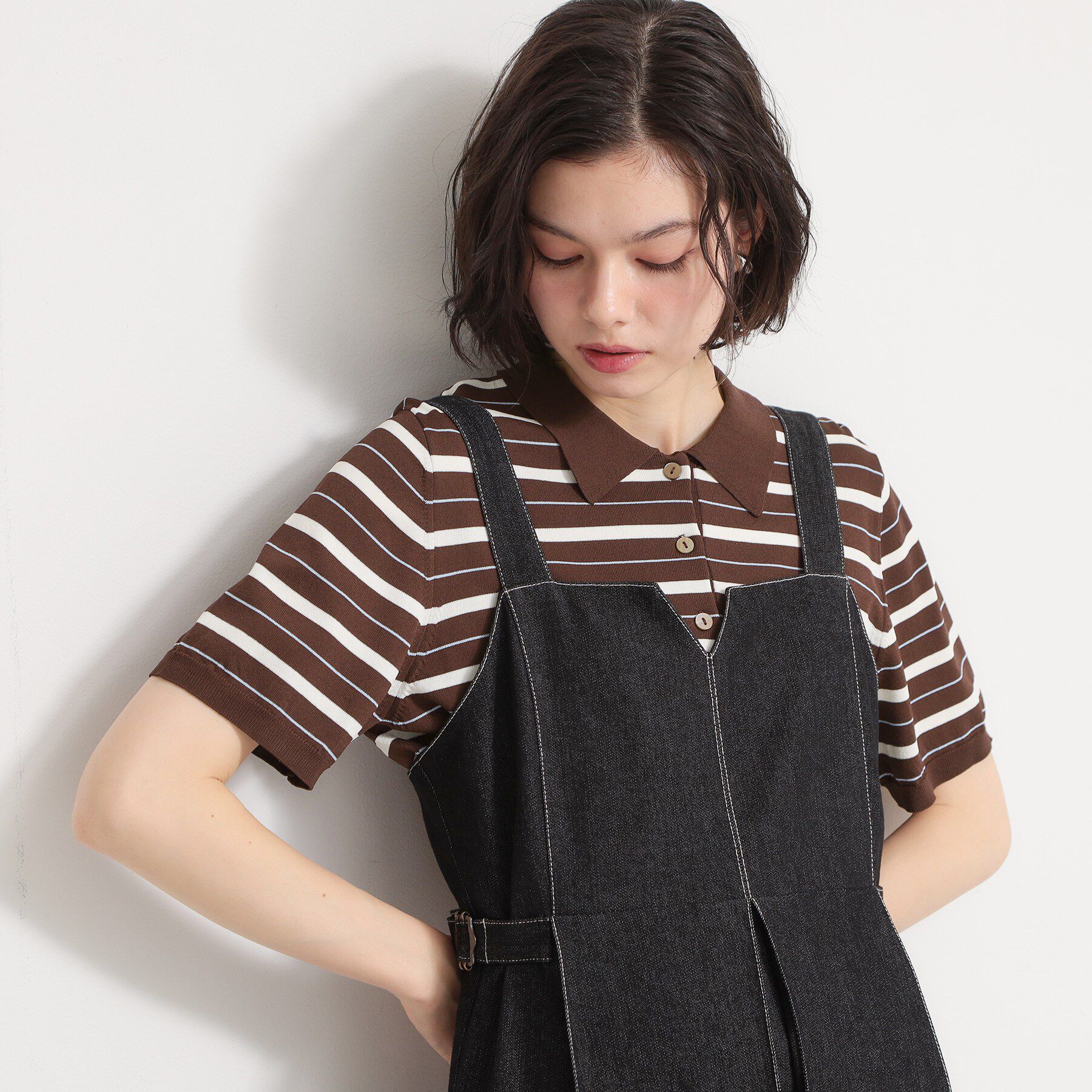 THE SHOP TK「【ひんやり/アンチピリング/UV】1枚で主役になる ボーダーポロニット」|ニット・セーター|