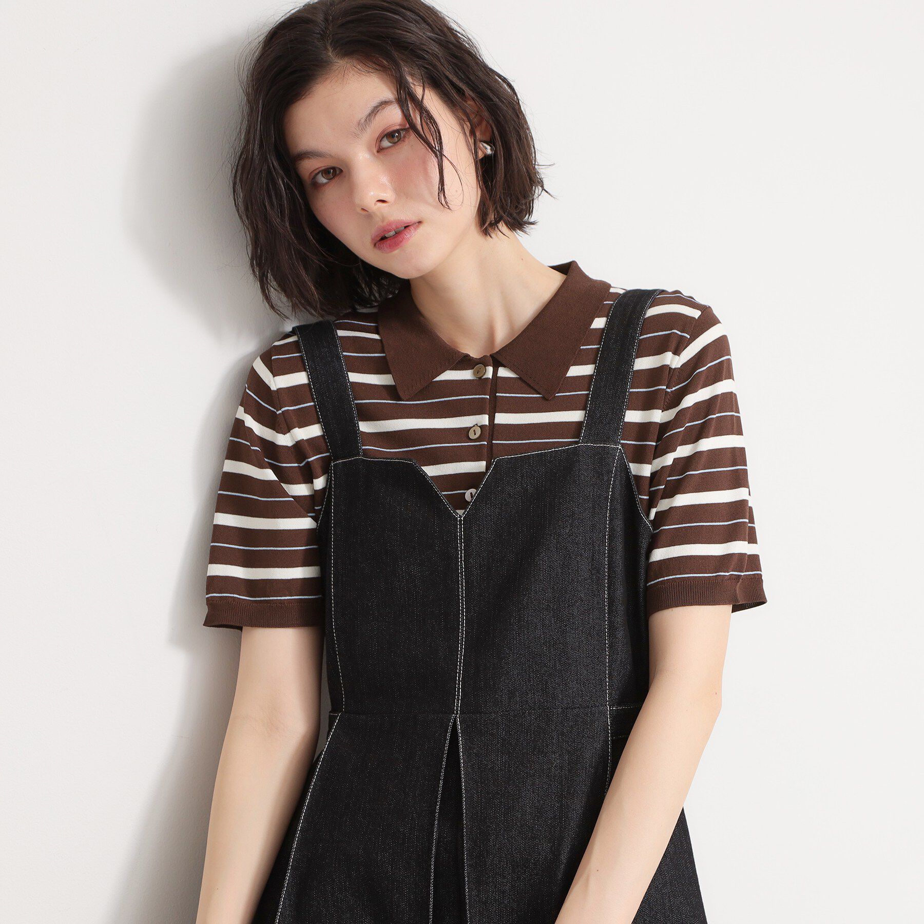 THE SHOP TK「【ひんやり/アンチピリング/UV】1枚で主役になる ボーダーポロニット」|ニット・セーター|ブラウン(343)