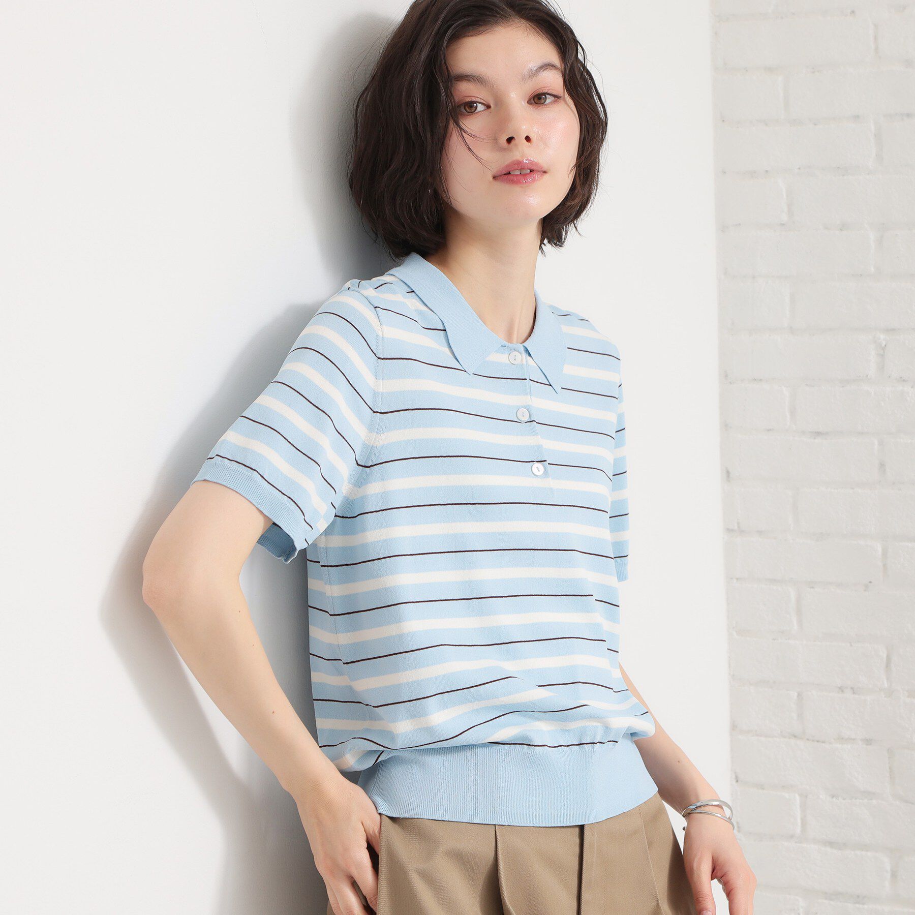 THE SHOP TK「【ひんやり/アンチピリング/UV】1枚で主役になる ボーダーポロニット」|ニット・セーター|ブルー(391)