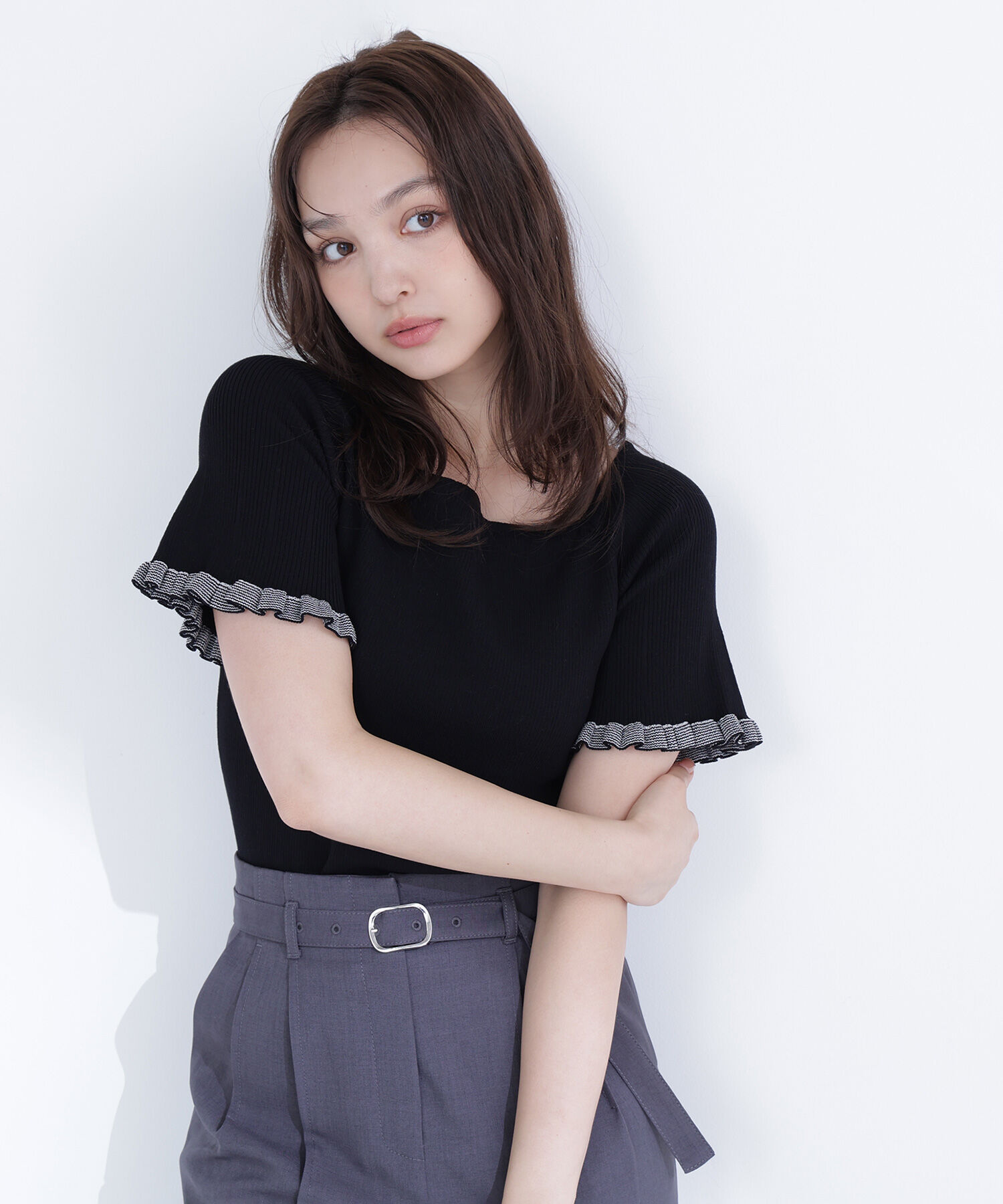  「ボーダーフリルスリーブニット」|ニット・セーター|