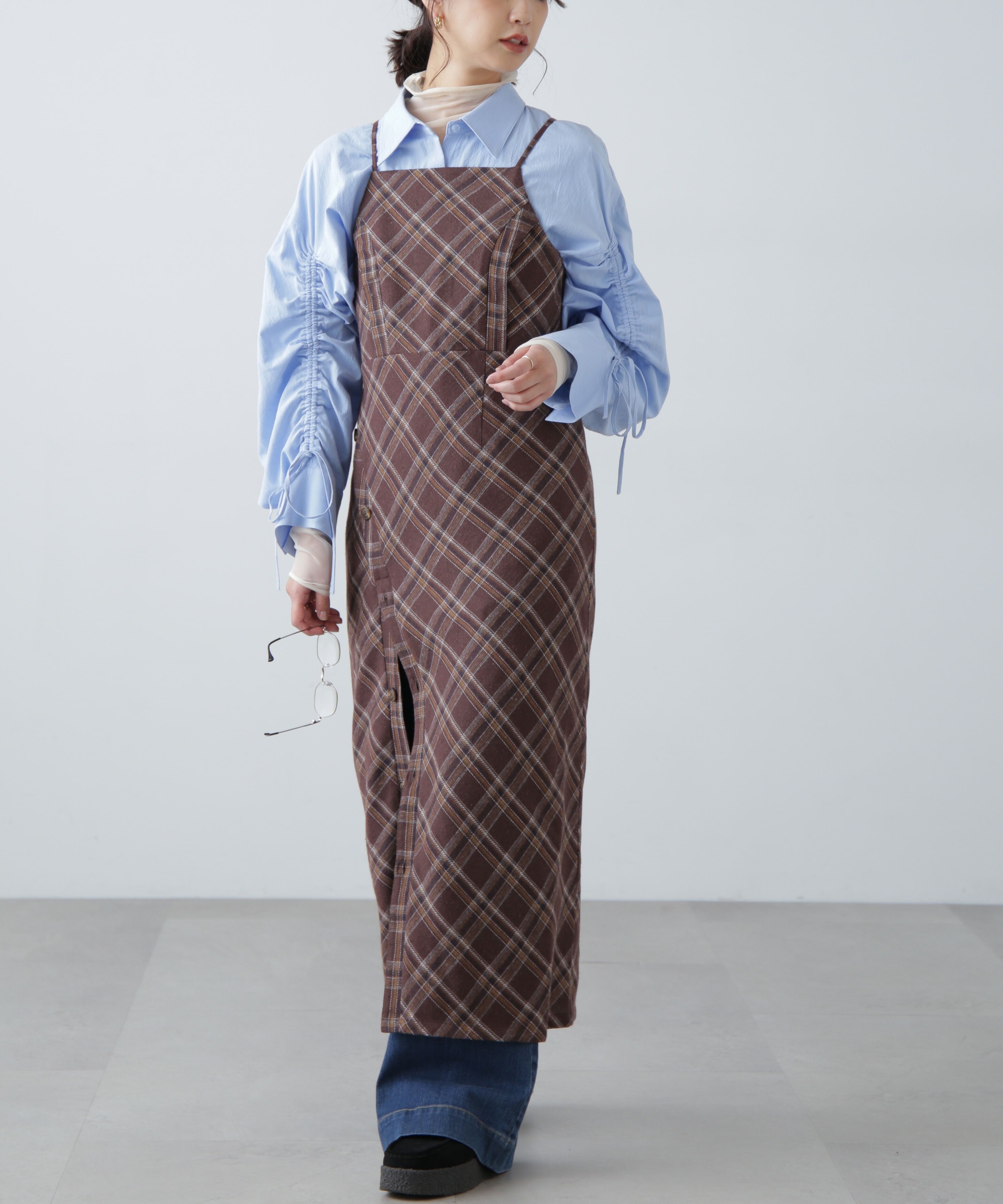  「ボタンスリットチェックキャミワンピース」|ワンピース|