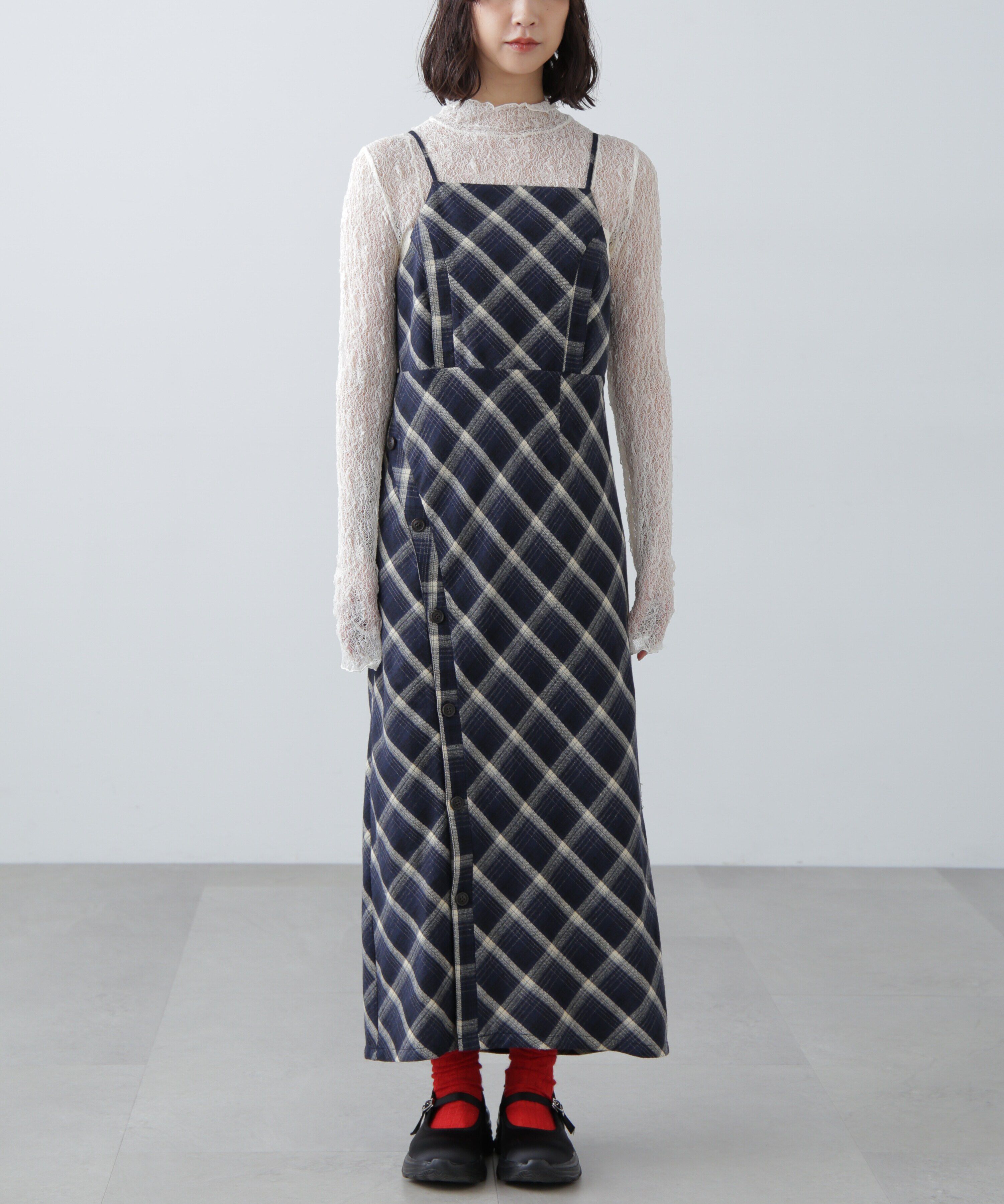  「ボタンスリットチェックキャミワンピース」|ワンピース|