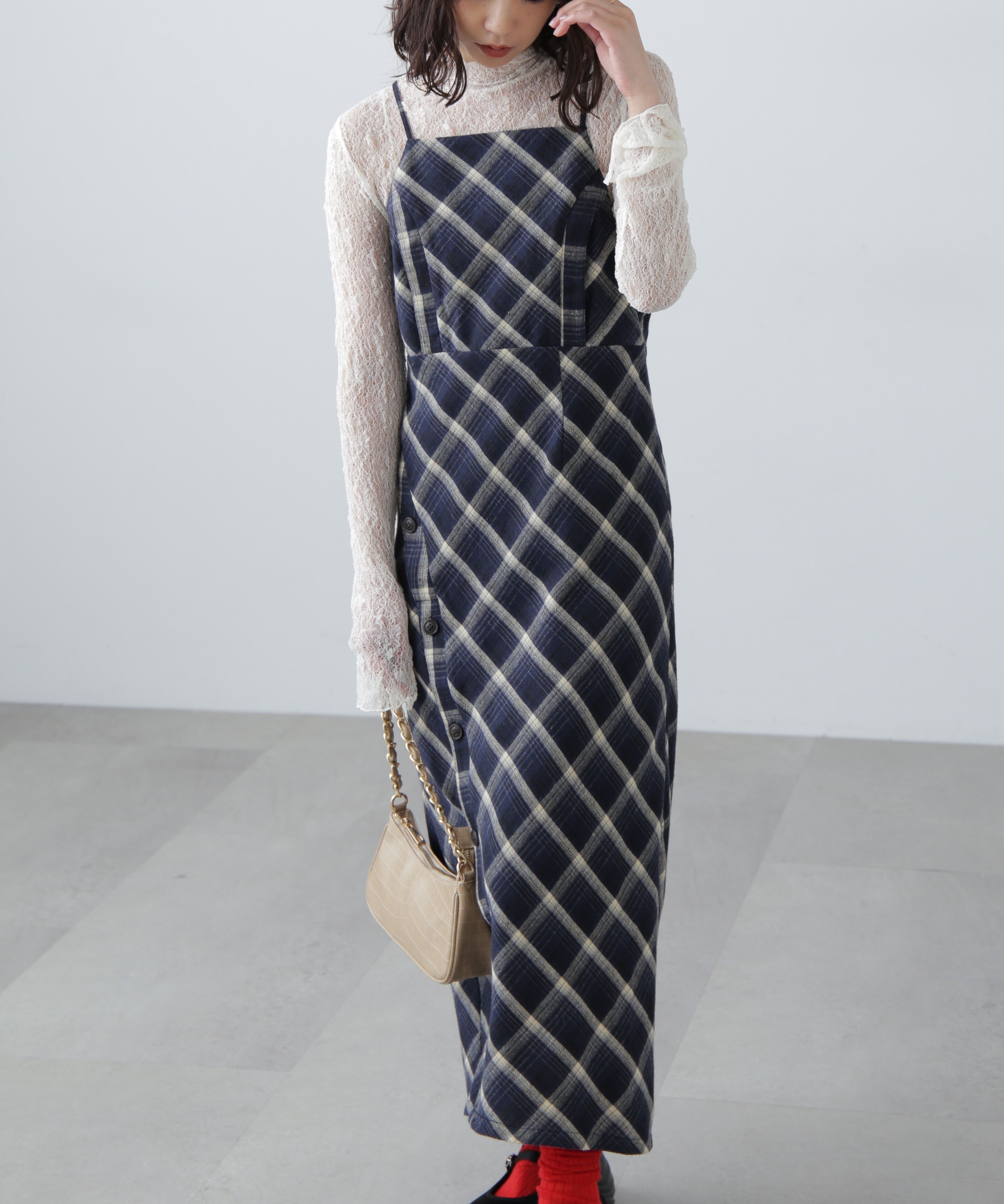  「ボタンスリットチェックキャミワンピース」|ワンピース|