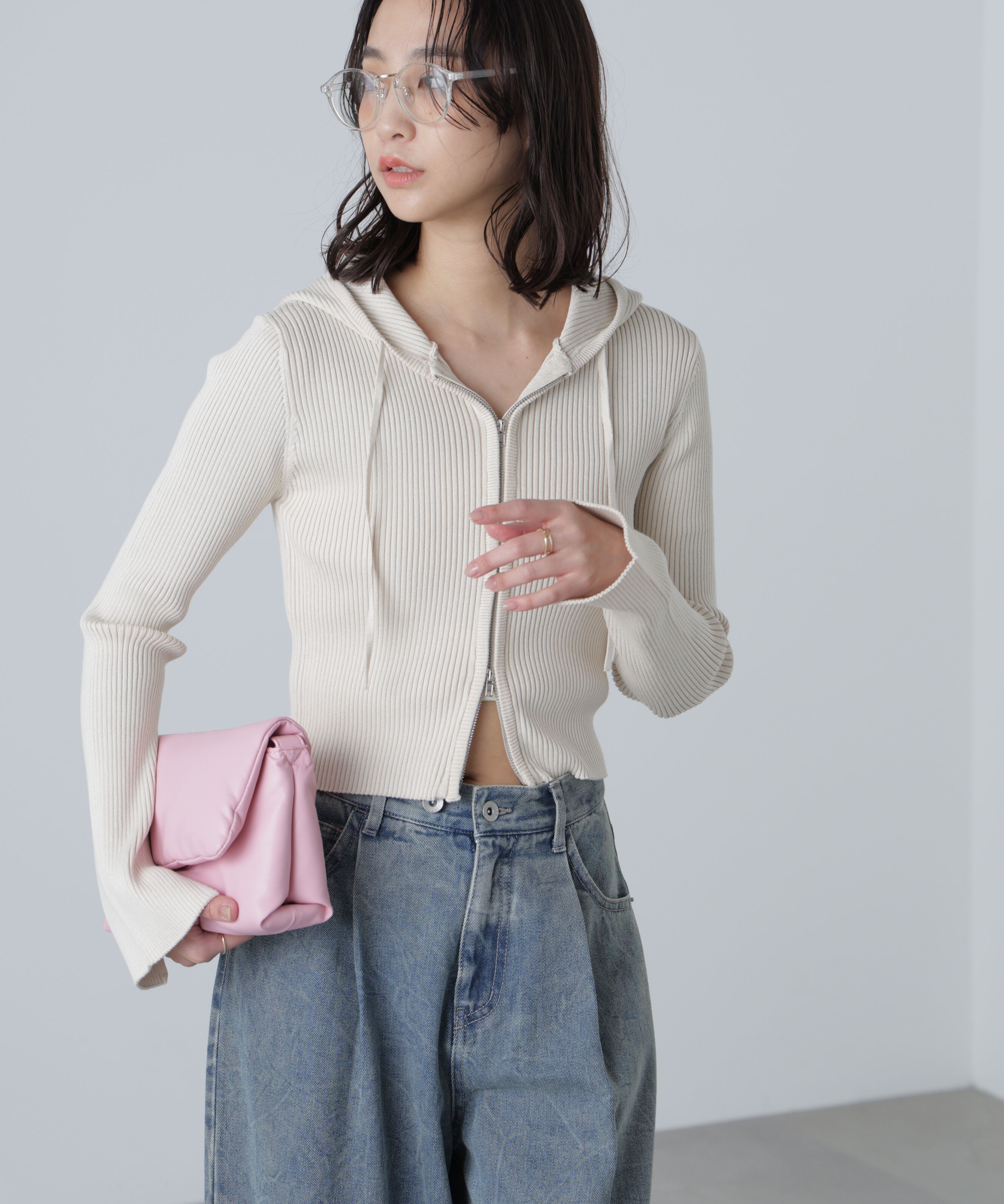  「配色リブショート丈ニットパーカー」|ニット・セーター|