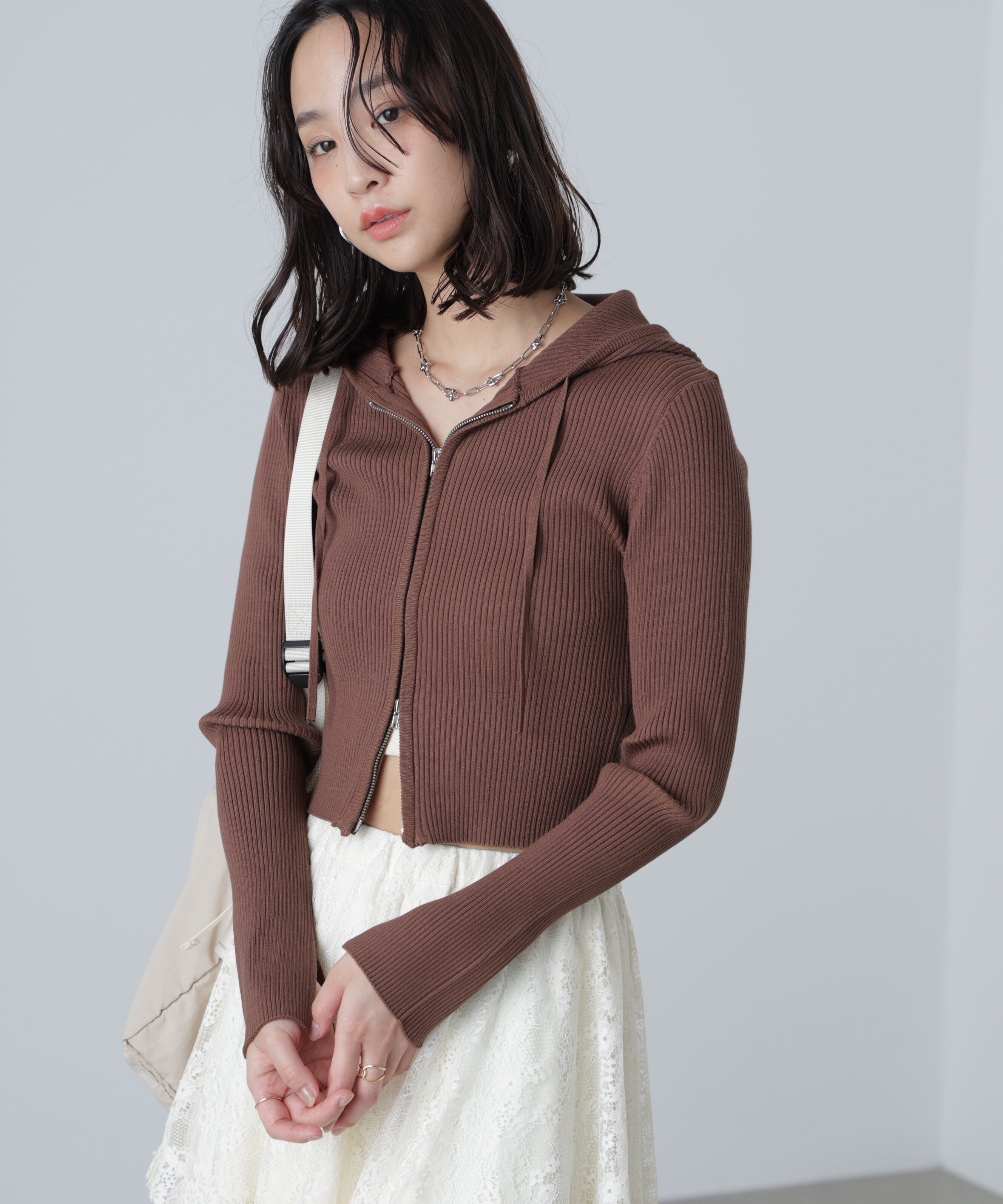  「配色リブショート丈ニットパーカー」|ニット・セーター|ブラウン