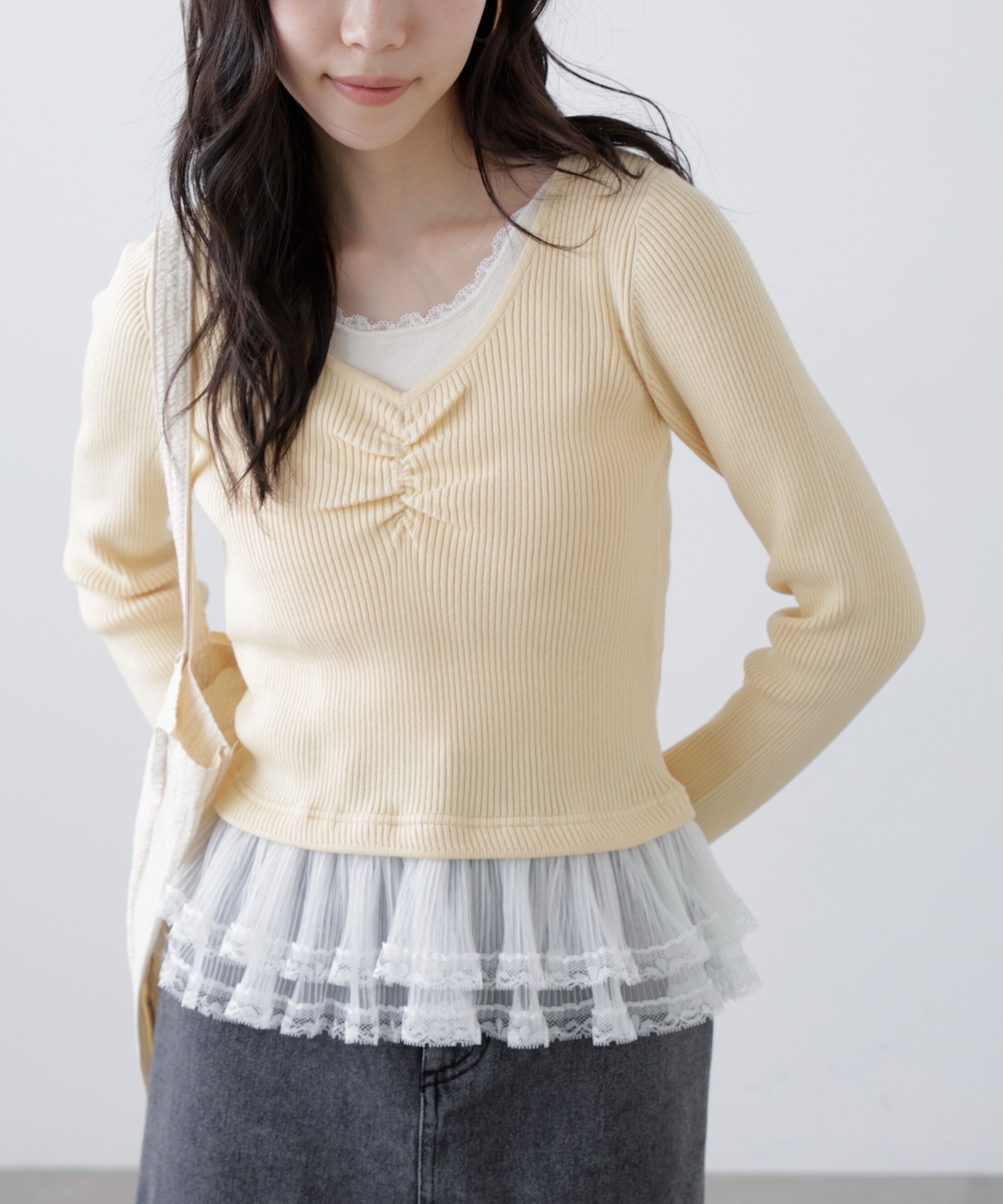  「レイヤードデザインリブニット」|ニット・セーター|イエロー