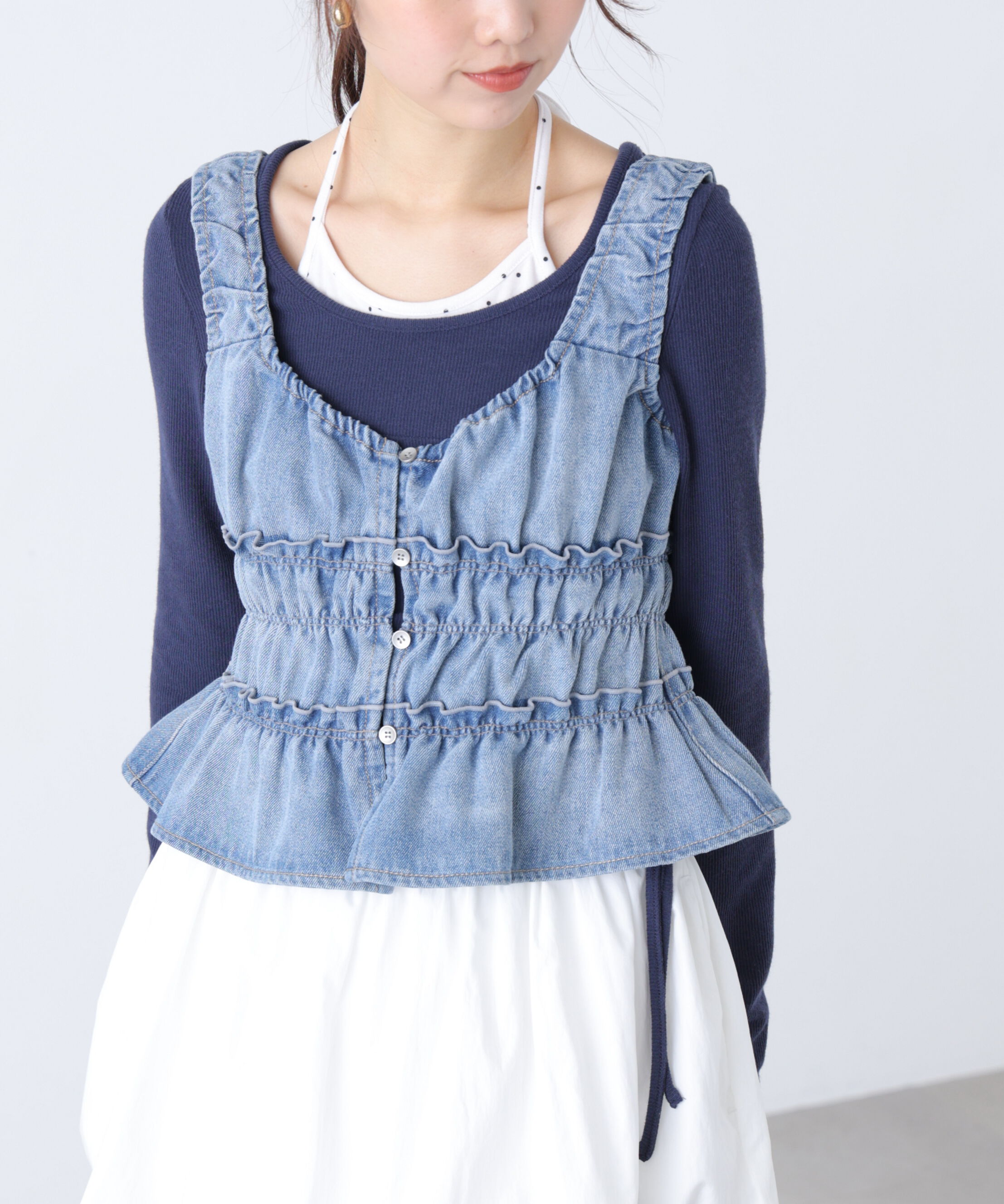  「シャーリングデニムビスチェ」|シャツ・ブラウス|