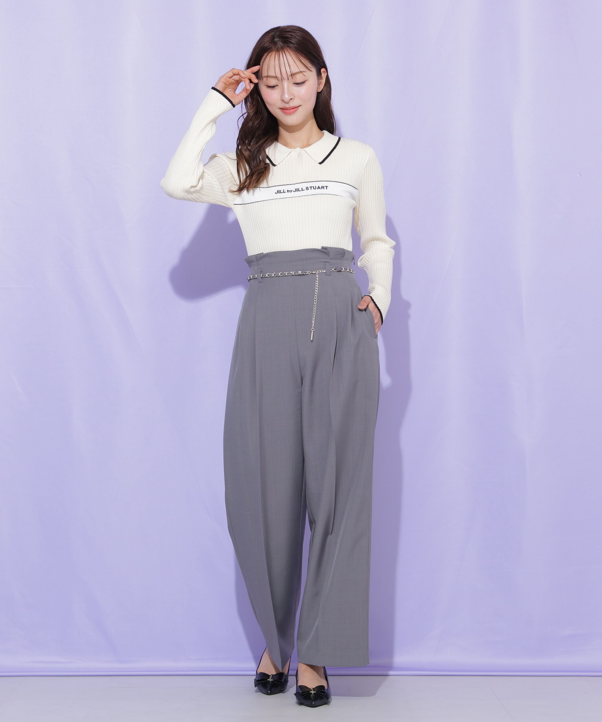  「ポロ襟配色ラインリブニット」|ニット・セーター|