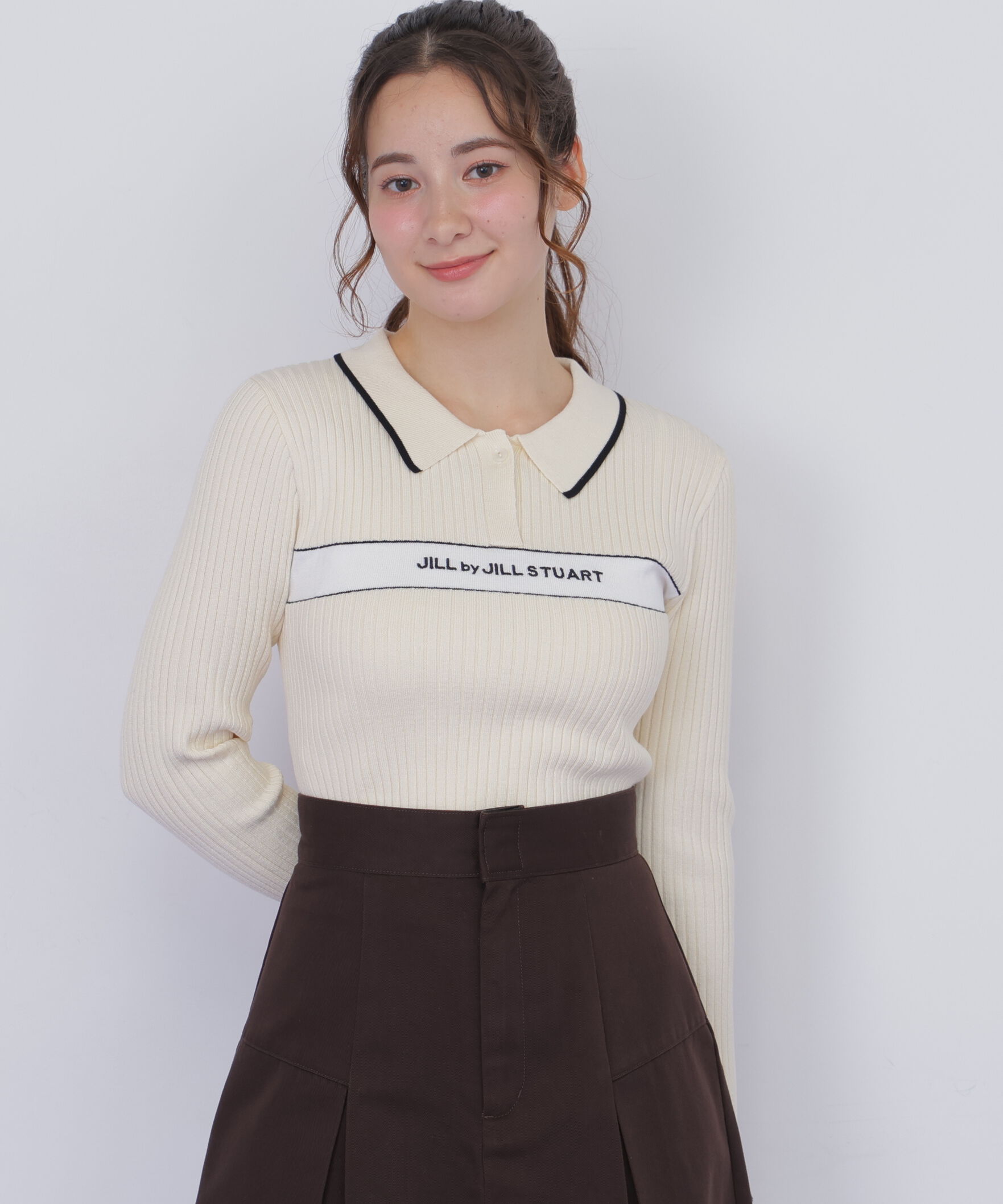  「ポロ襟配色ラインリブニット」|ニット・セーター|