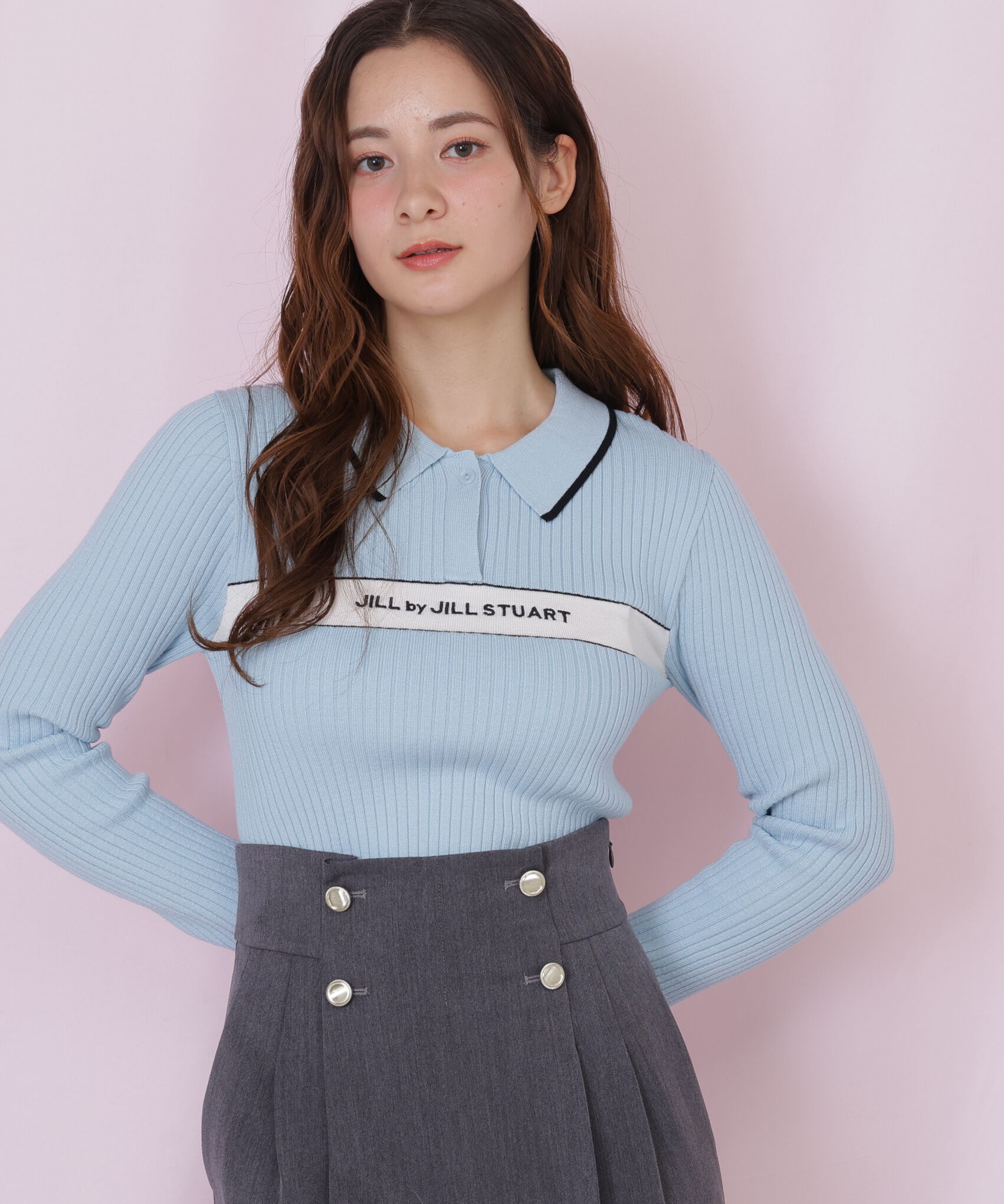  「ポロ襟配色ラインリブニット」|ニット・セーター|