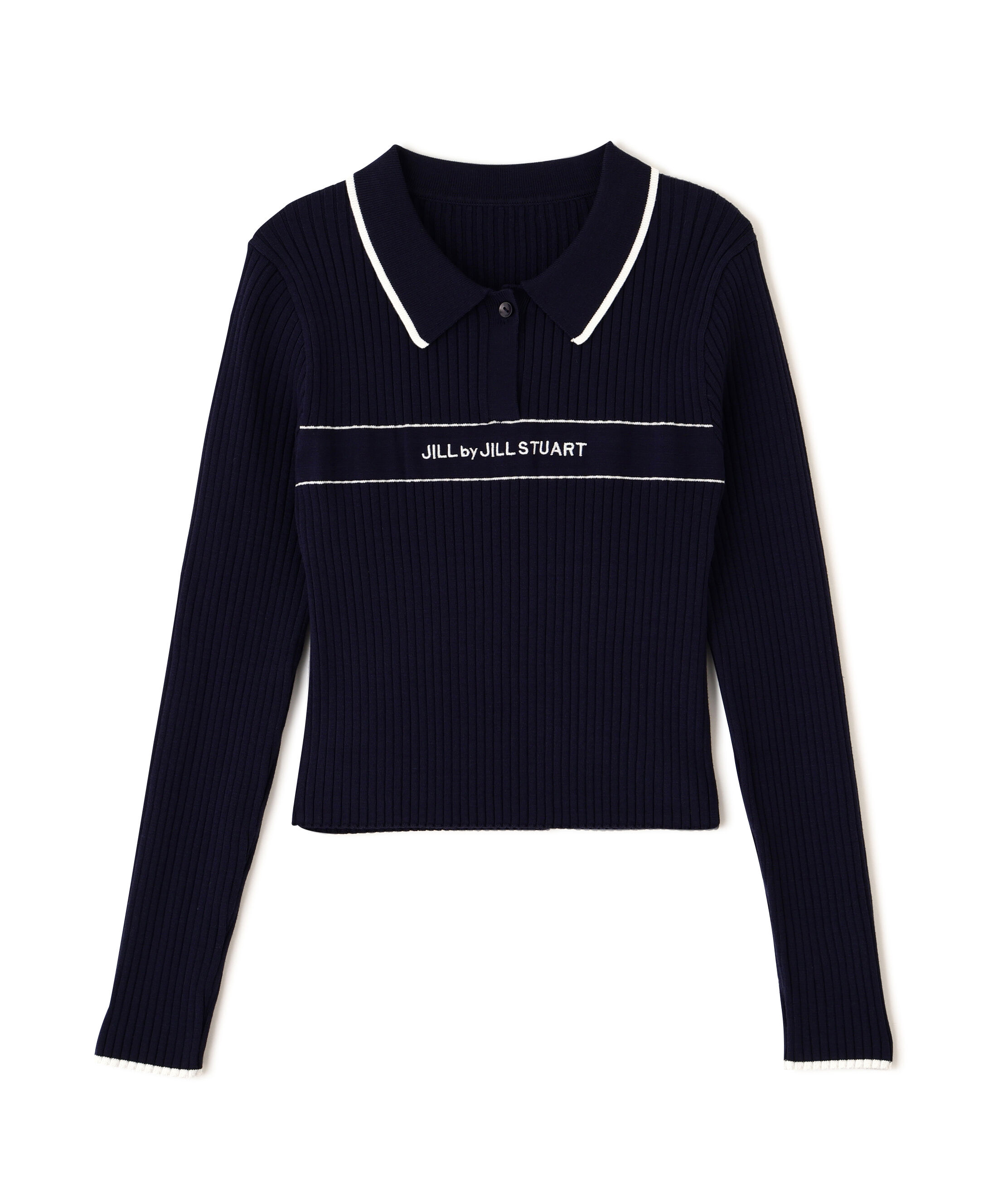  「ポロ襟配色ラインリブニット」|ニット・セーター|ネイビー