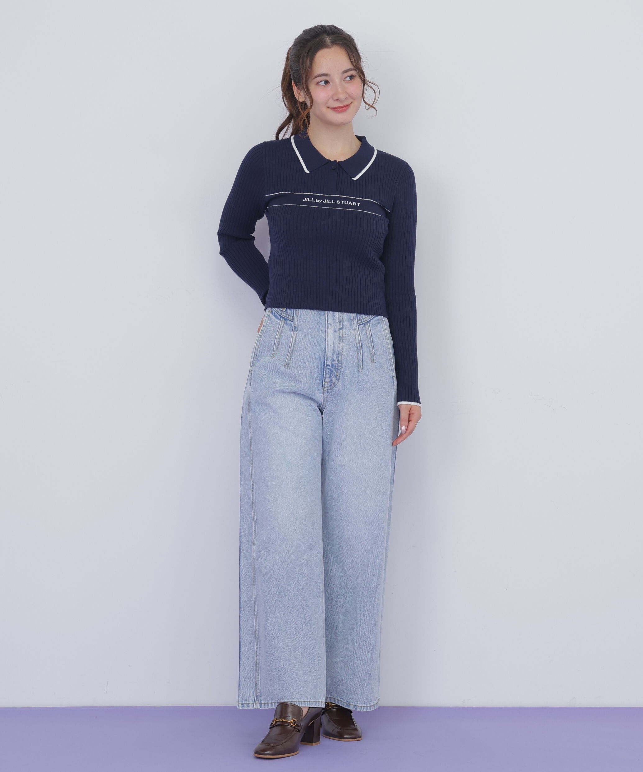  「ポロ襟配色ラインリブニット」|ニット・セーター|