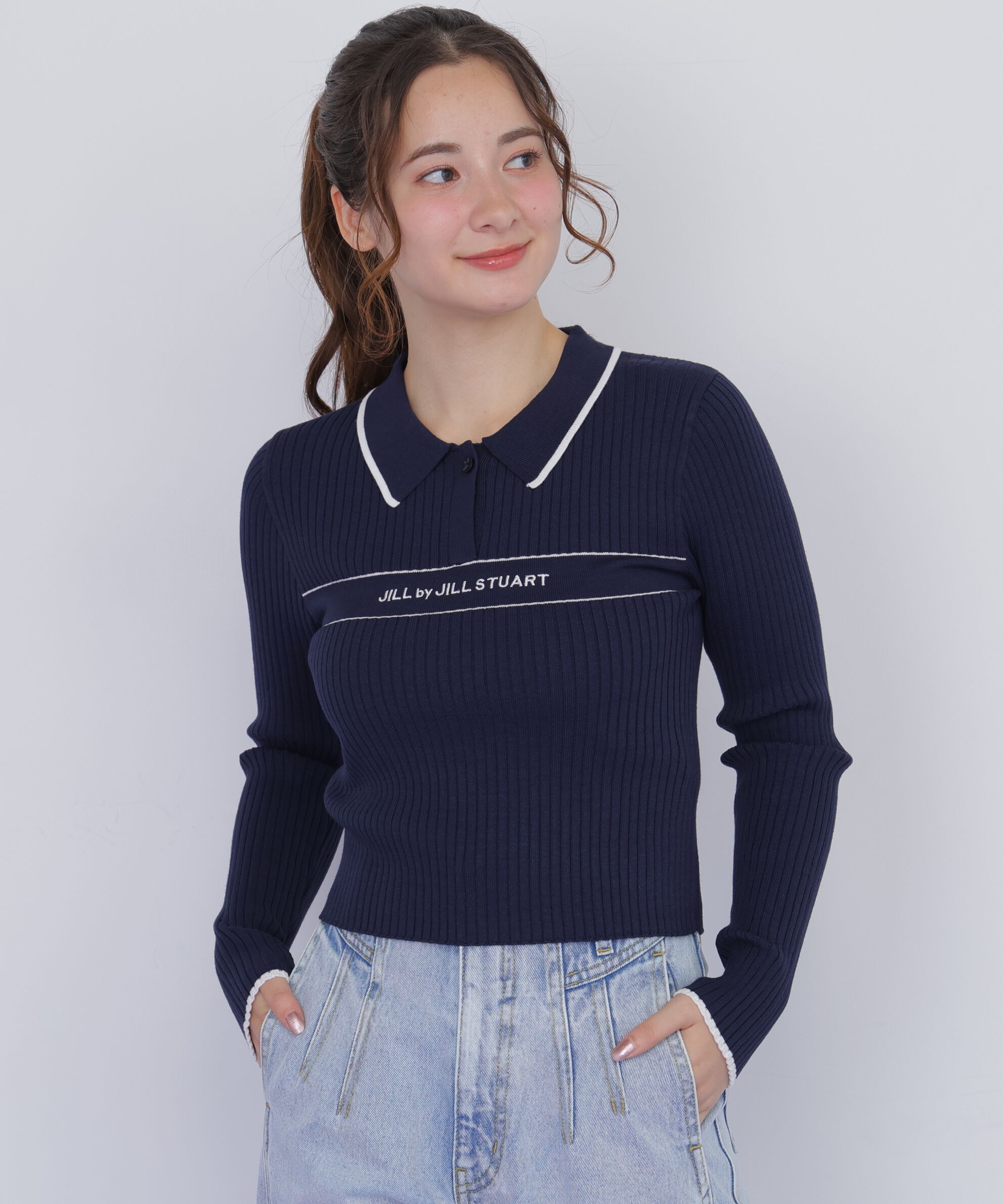  「ポロ襟配色ラインリブニット」|ニット・セーター|