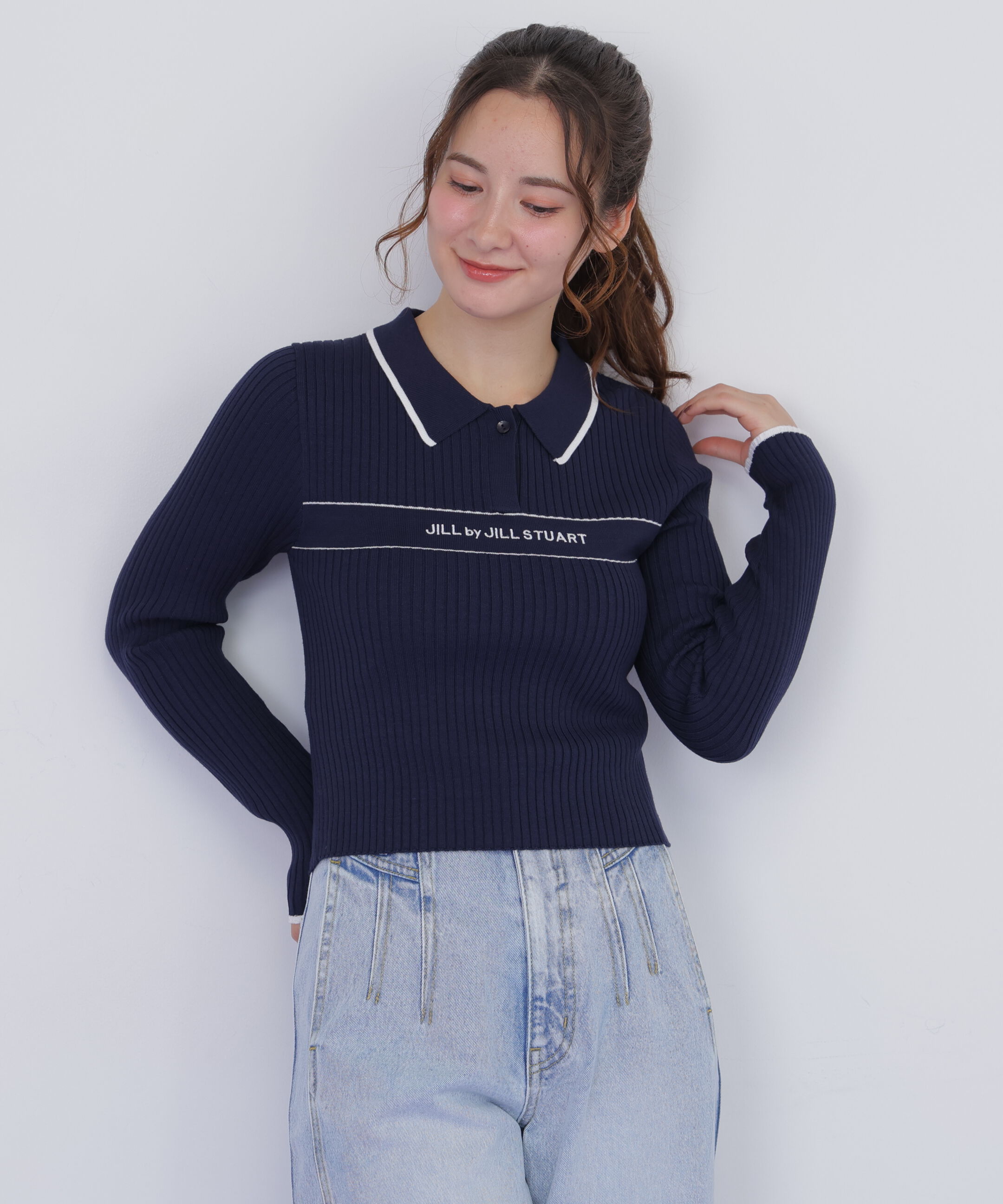  「ポロ襟配色ラインリブニット」|ニット・セーター|