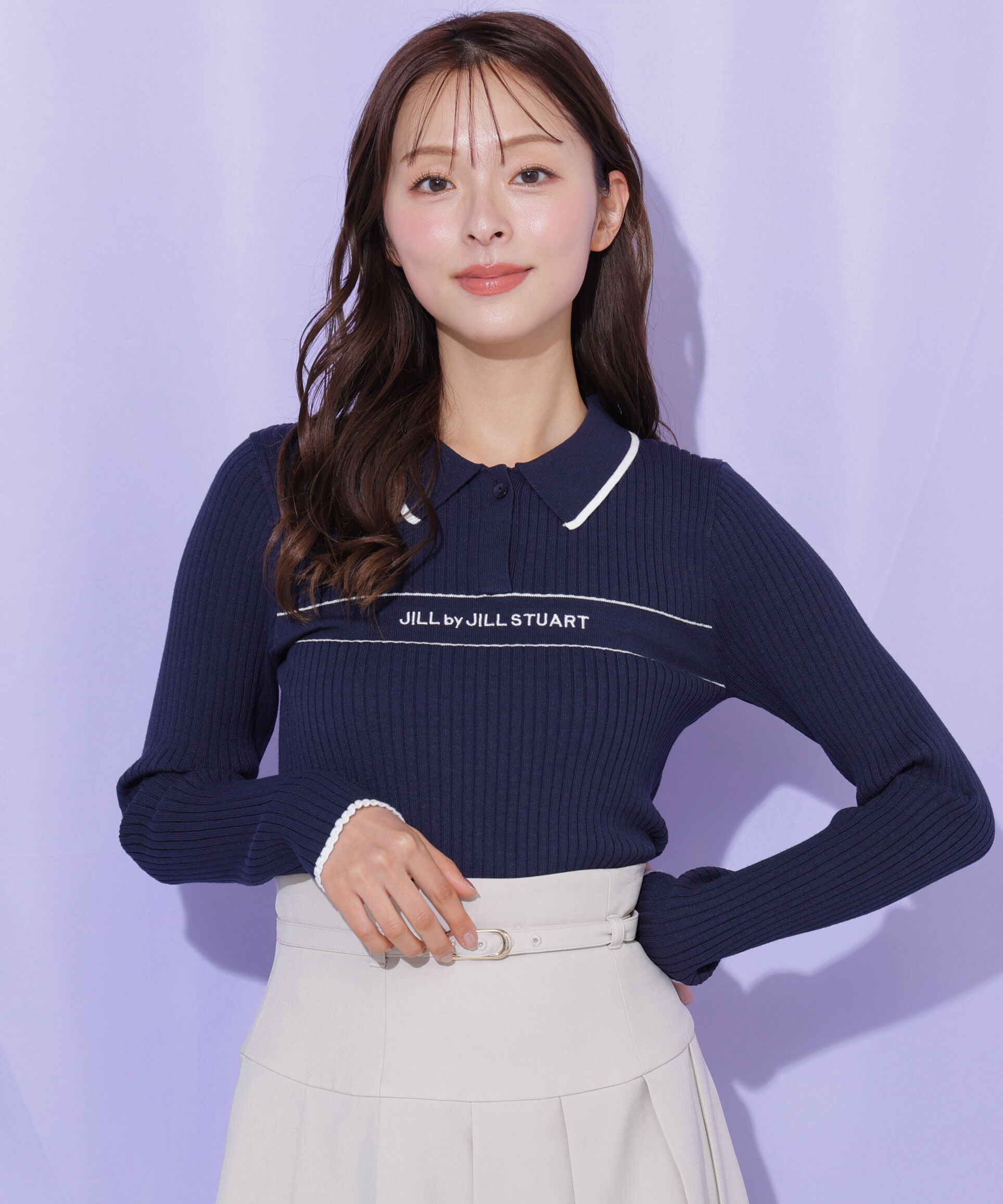  「ポロ襟配色ラインリブニット」|ニット・セーター|