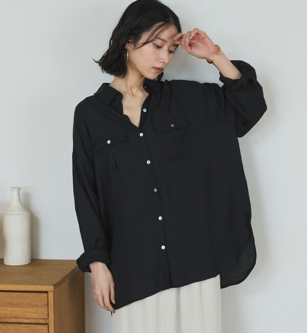 Doux archives「【接触冷感／マシンウォシャブル】リネンライクアウトポケットシャツ」|シャツ・ブラウス|BLACK