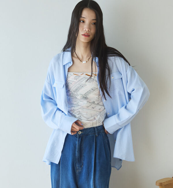 Doux archives「【接触冷感／マシンウォシャブル】リネンライクアウトポケットシャツ」|シャツ・ブラウス|SAX