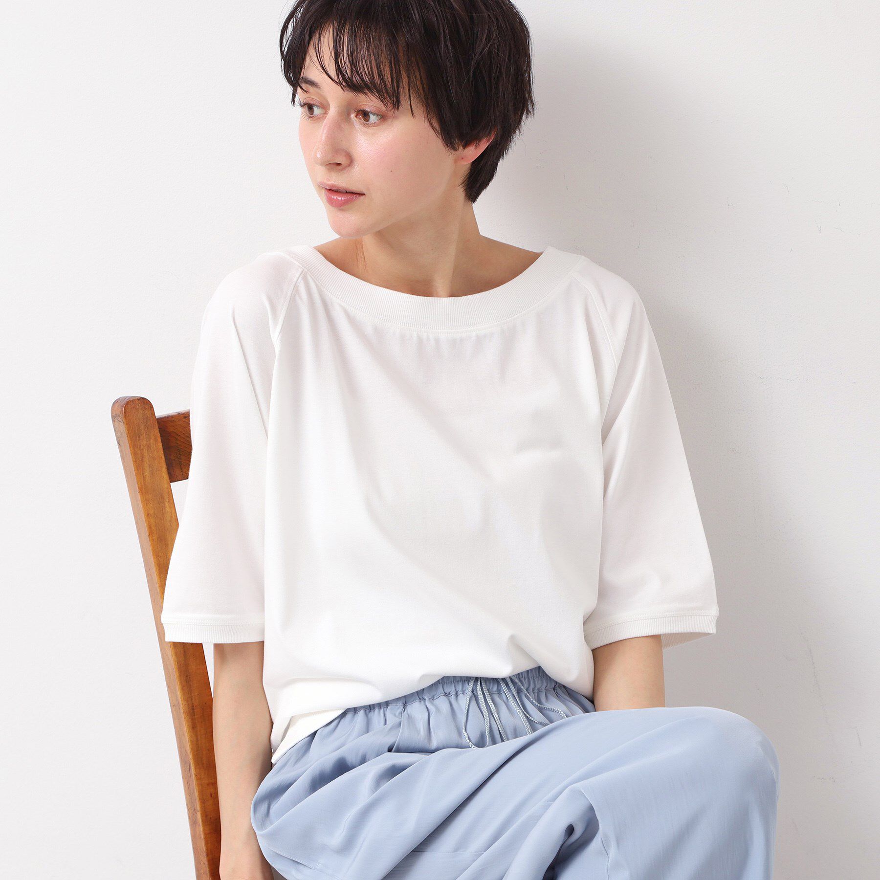 Dessin「【接触冷感・UV・洗える】裾リブスリット五分袖カットソー」|Tシャツ・カットソー|ホワイト(002)