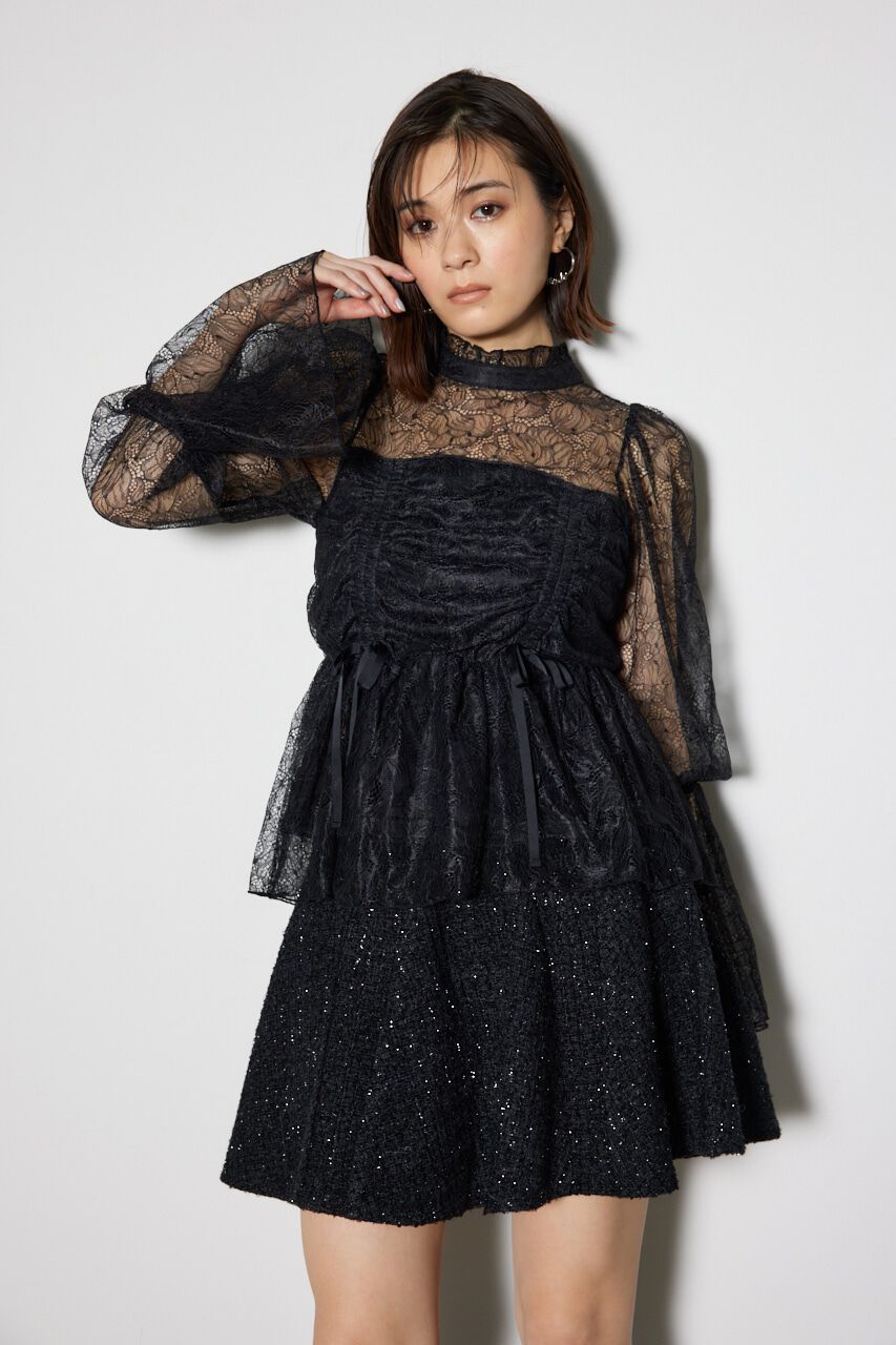 rienda「コルセット風シャーリングレースブラウス」|シャツ・ブラウス|BLK