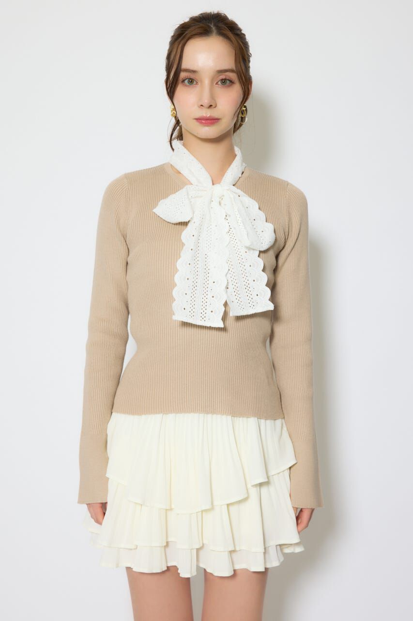 rienda「コットンレースリボンニットトップス」|ニット・セーター|