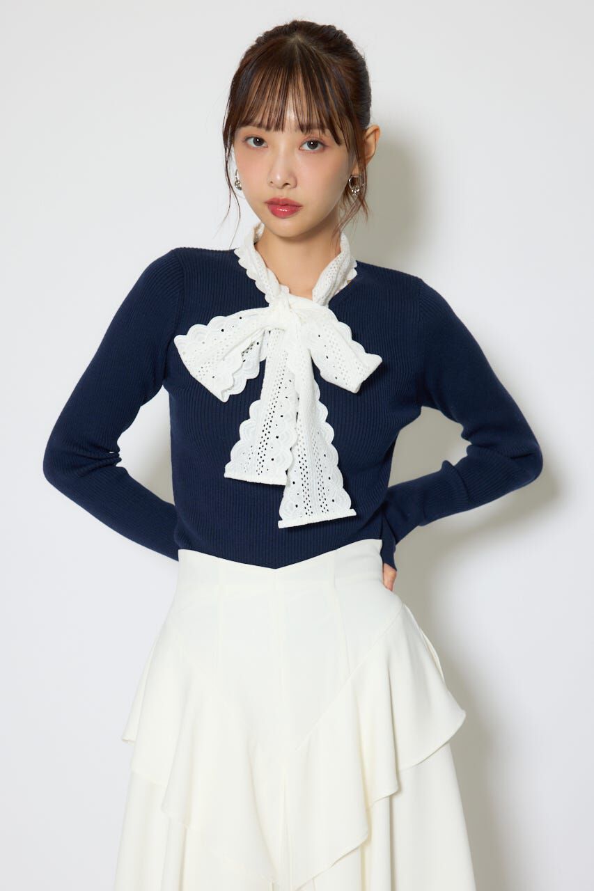 rienda「コットンレースリボンニットトップス」|ニット・セーター|NVY