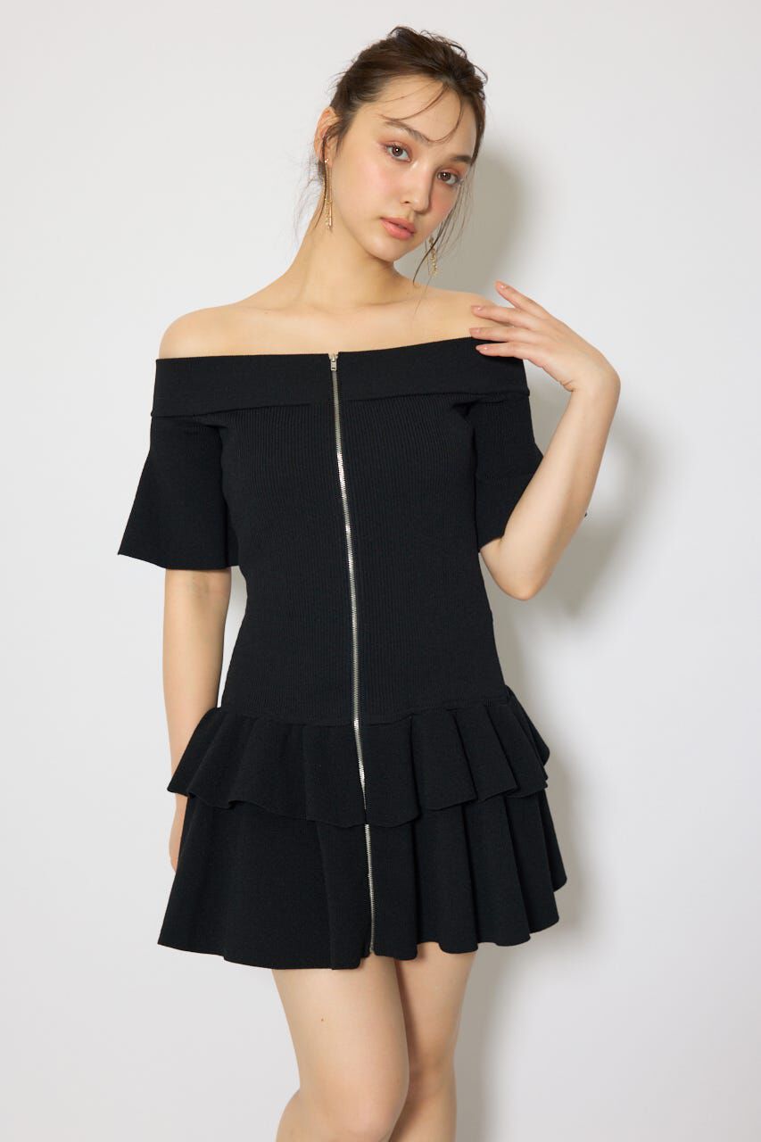 rienda「オフショルフロントジップニットミニワンピース」|ワンピース|BLK