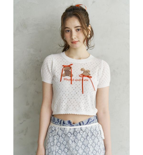 CALNAMUR「BEAR PRINT RIBBON KNIT /ベアプリントリボンニット」|ニット・セーター|