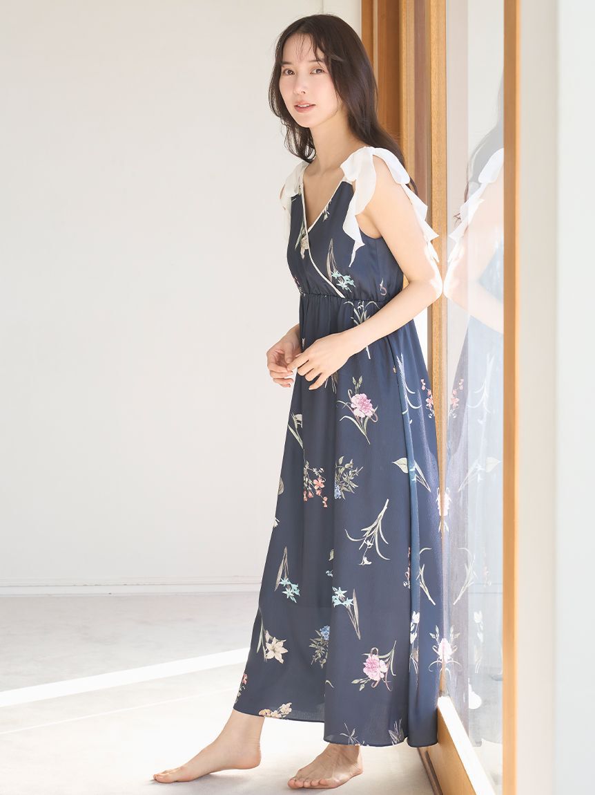 SNIDEL HOME「肩リボンプリントロングワンピース」|ルームウェア|