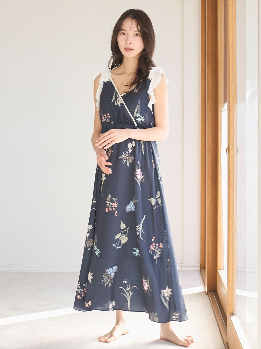 SNIDEL HOME「肩リボンプリントロングワンピース」|ルームウェア|NVY