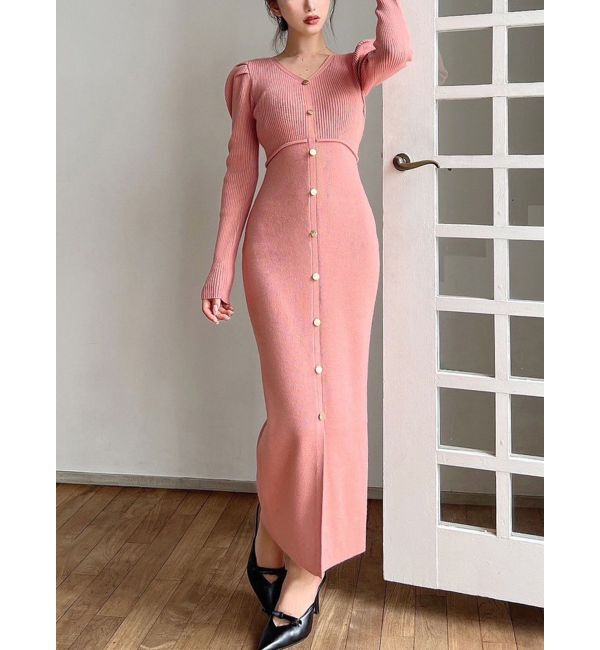 RESEXXY「ゴールドボタンタイトニットワンピース」|ワンピース|オレンジ