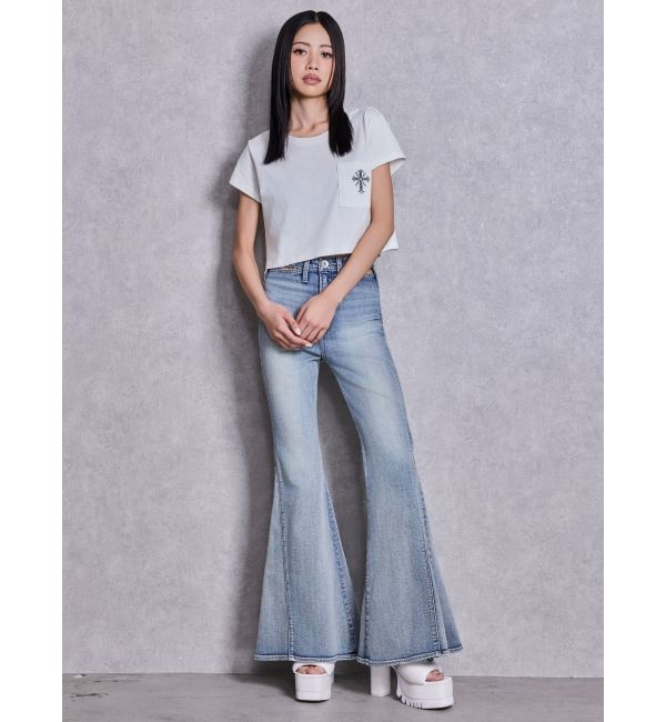 GYDA「ハイウエストopen ring bijou studsデザインフレアデニムパンツ」|デニム|