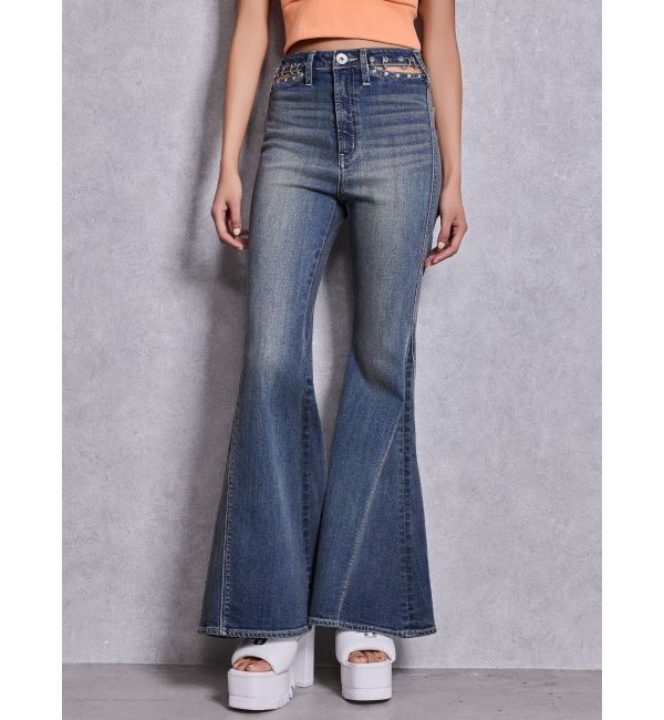 GYDA「ハイウエストopen ring bijou studsデザインフレアデニムパンツ」|デニム|