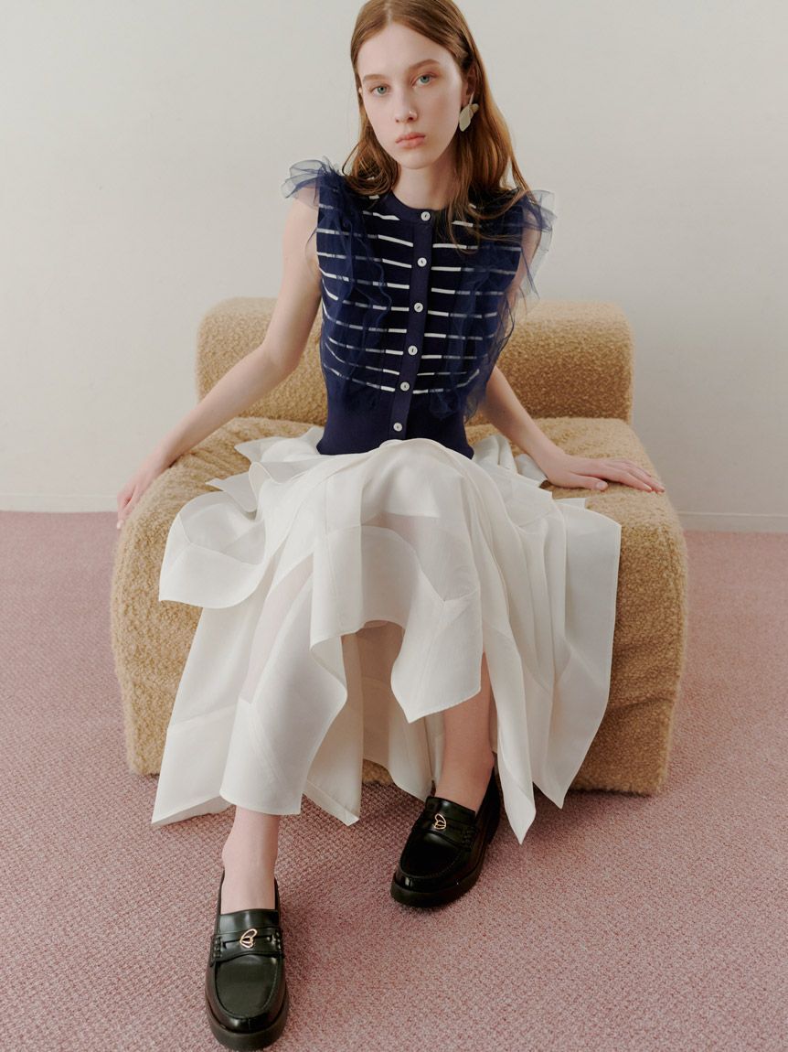 SNIDEL「チュールフリルクルーニット」|ニット・セーター|