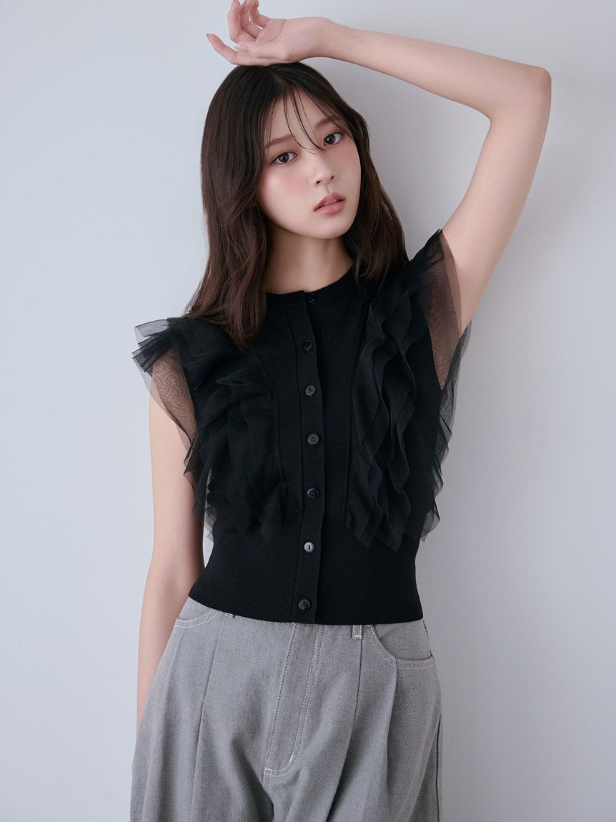 SNIDEL「チュールフリルクルーニット」|ニット・セーター|BLK