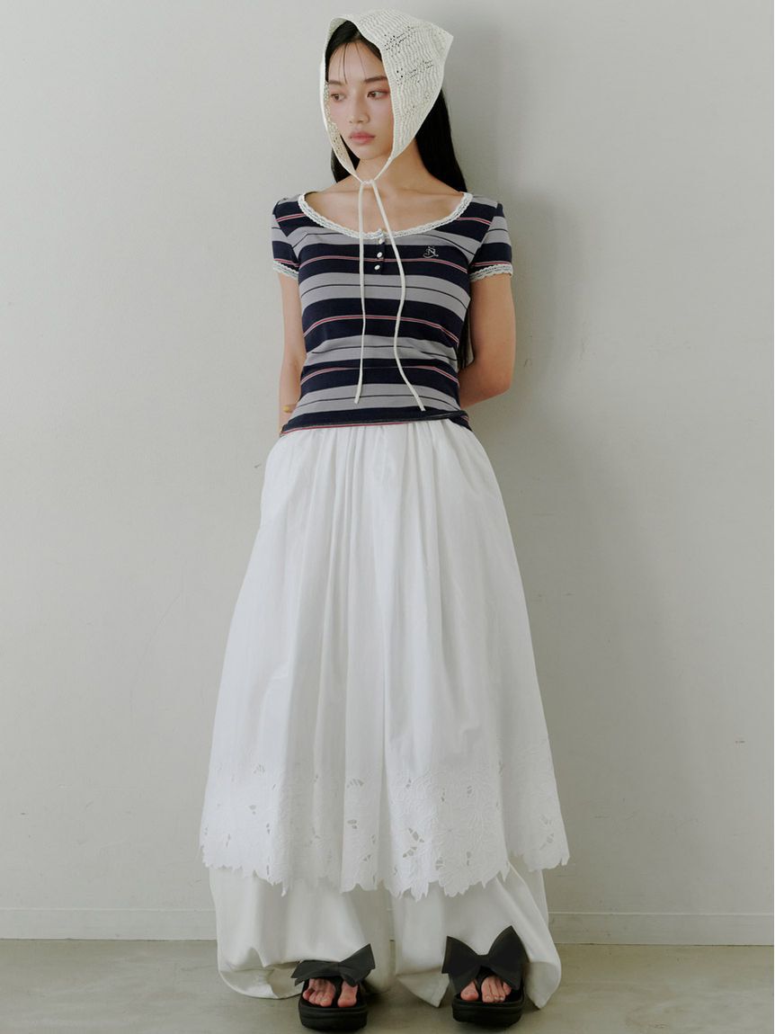 SNIDEL「【WEB限定カラーあり】レースデザインヘンリーネックTシャツ」|Tシャツ・カットソー|