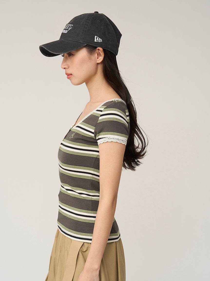 SNIDEL「【WEB限定カラーあり】レースデザインヘンリーネックTシャツ」|Tシャツ・カットソー|